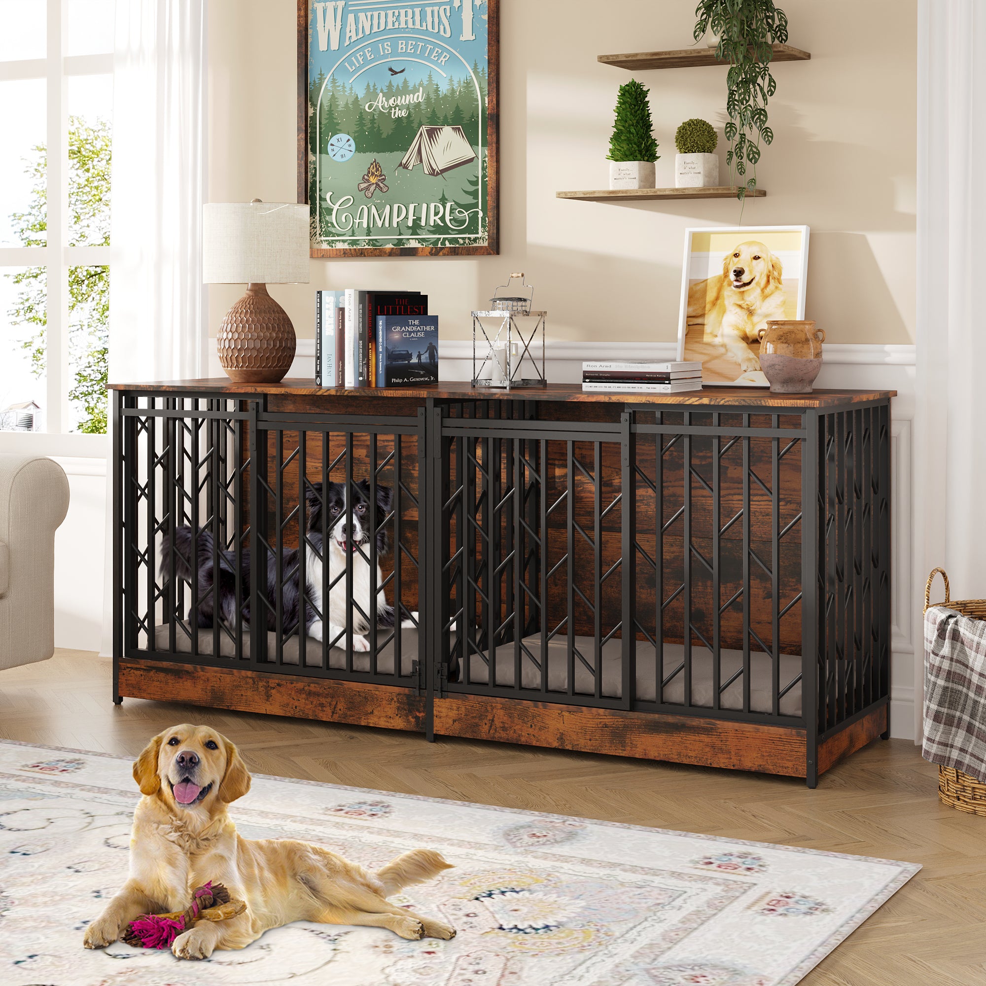 Large Dog Crate With Barn Doors And Double Separate Rooms