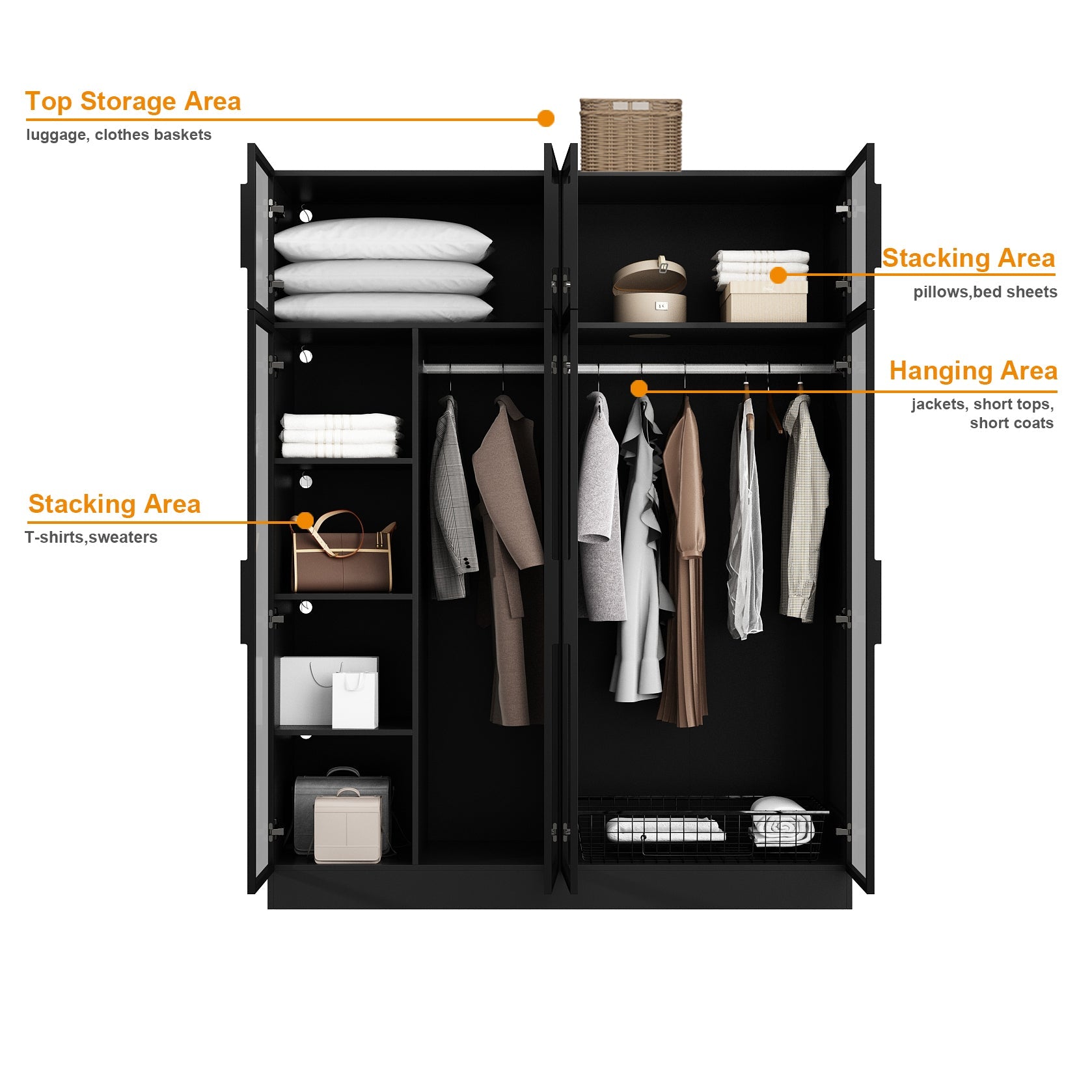 Elegant Black Wardrobe with LED Lighting and Tempered Glass Doors