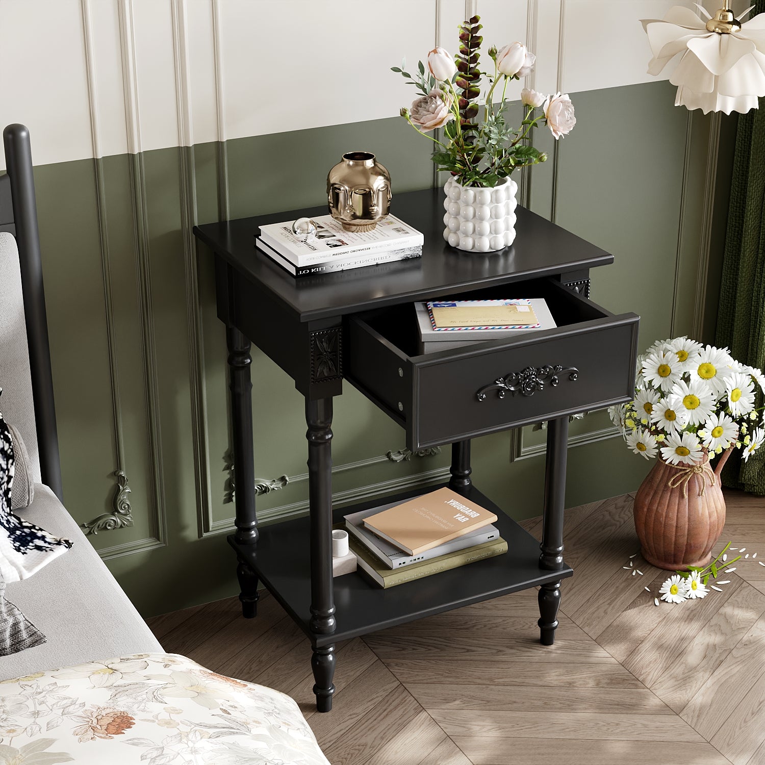 1-Shelf And 1-Drawer Nightstand With Elegent Design