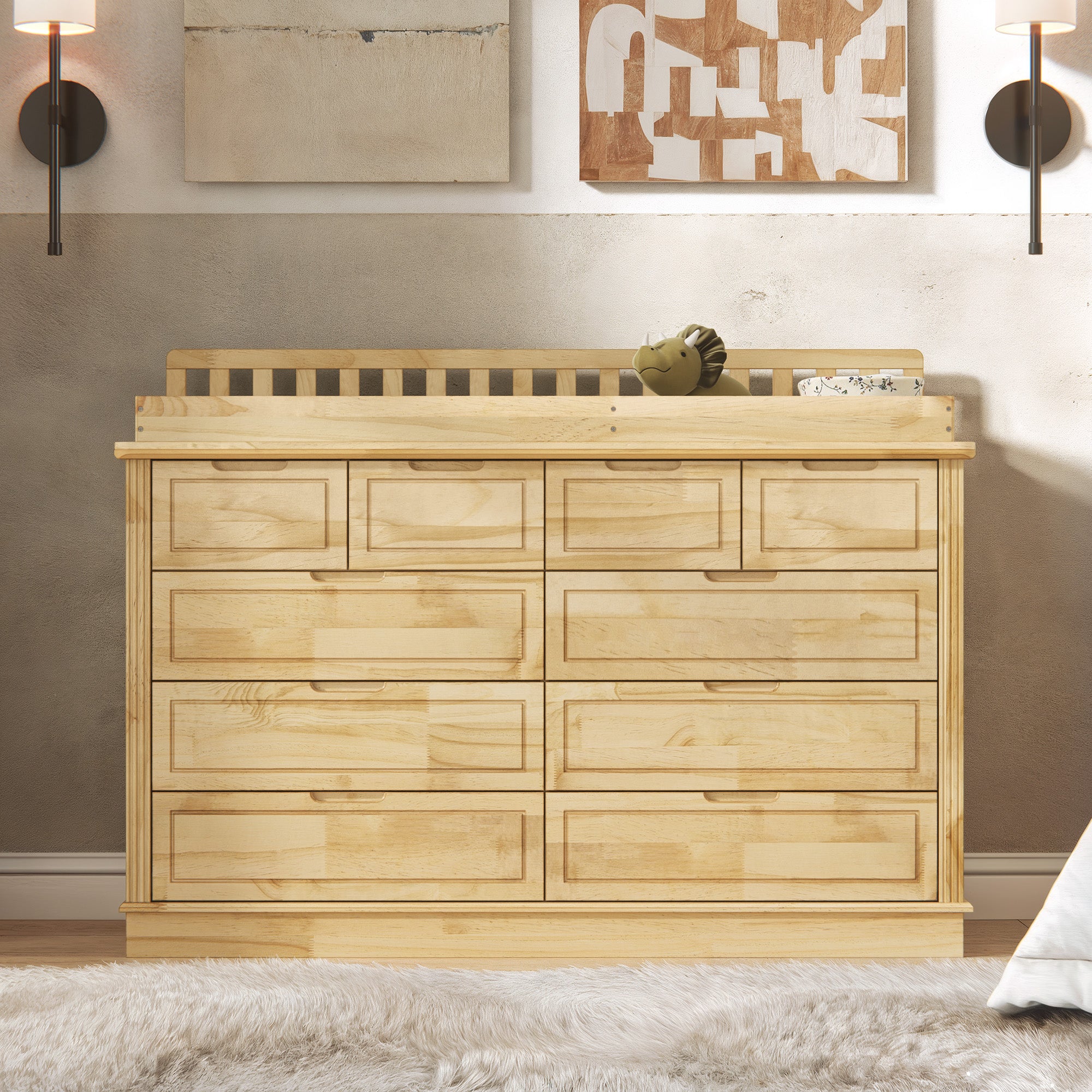 Wood changing table dresser with removable changing topper and multiple drawers