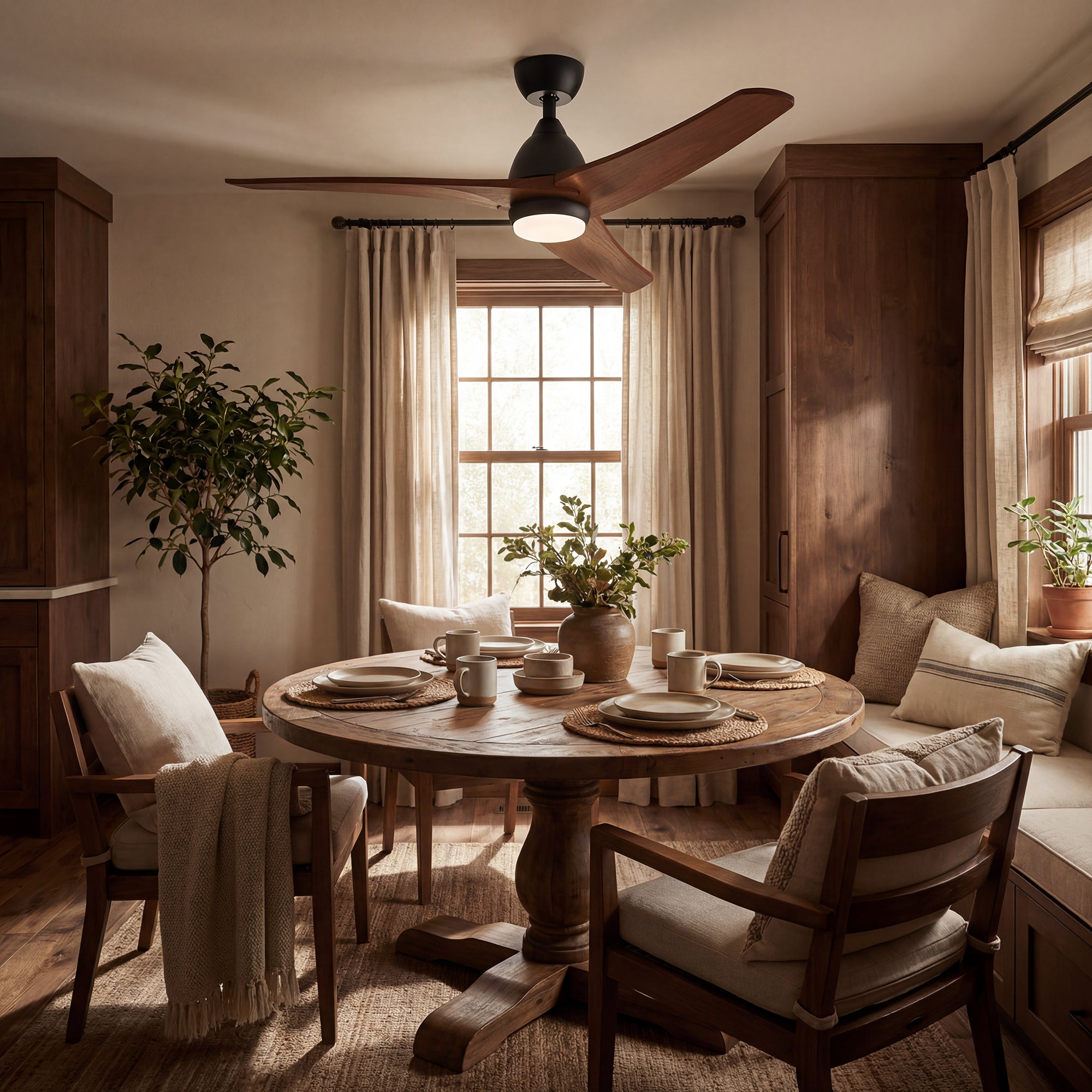 Cozy living room with wooden table, chairs, and decorative elements.