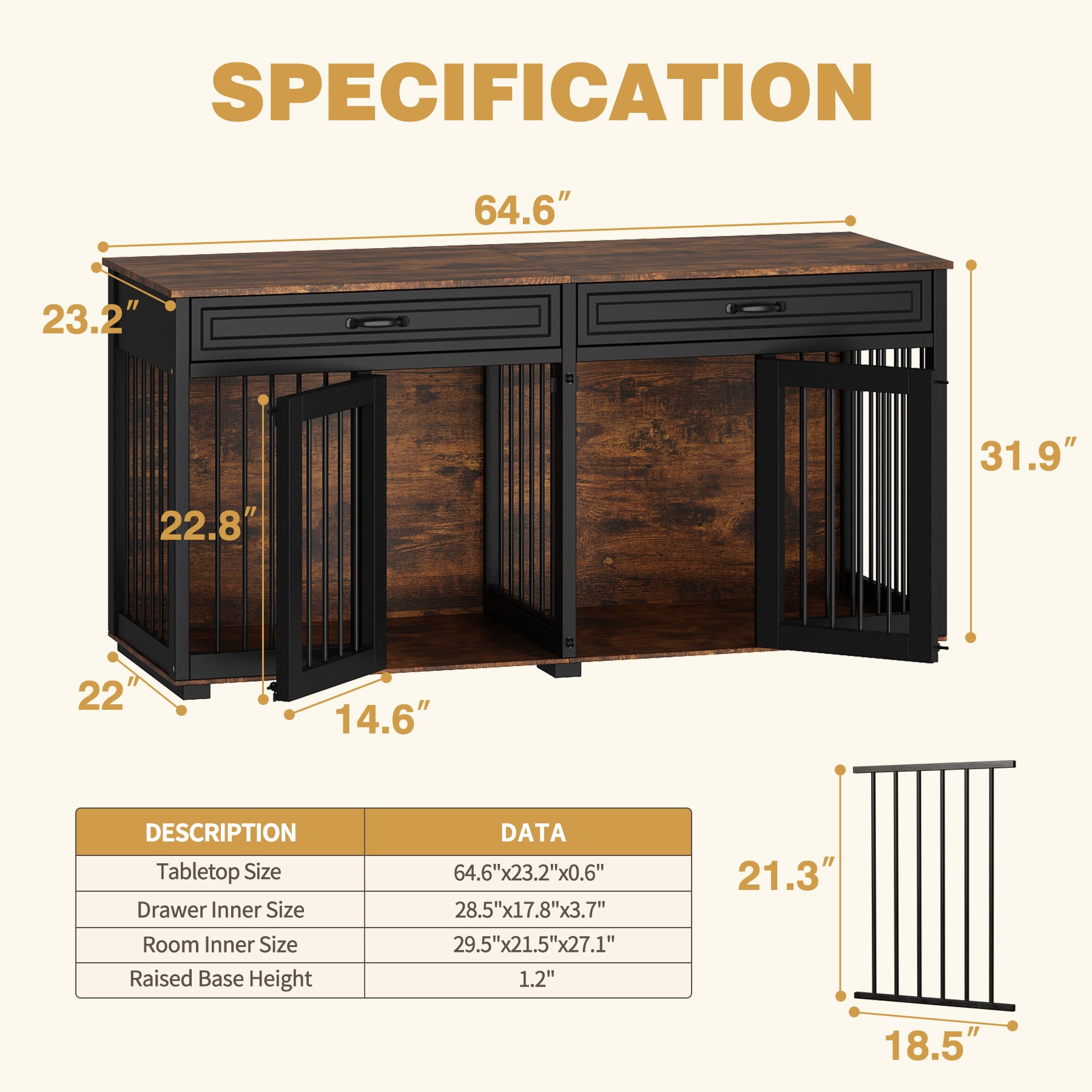 Large Wooden Dog Crate with Divider and Side Table