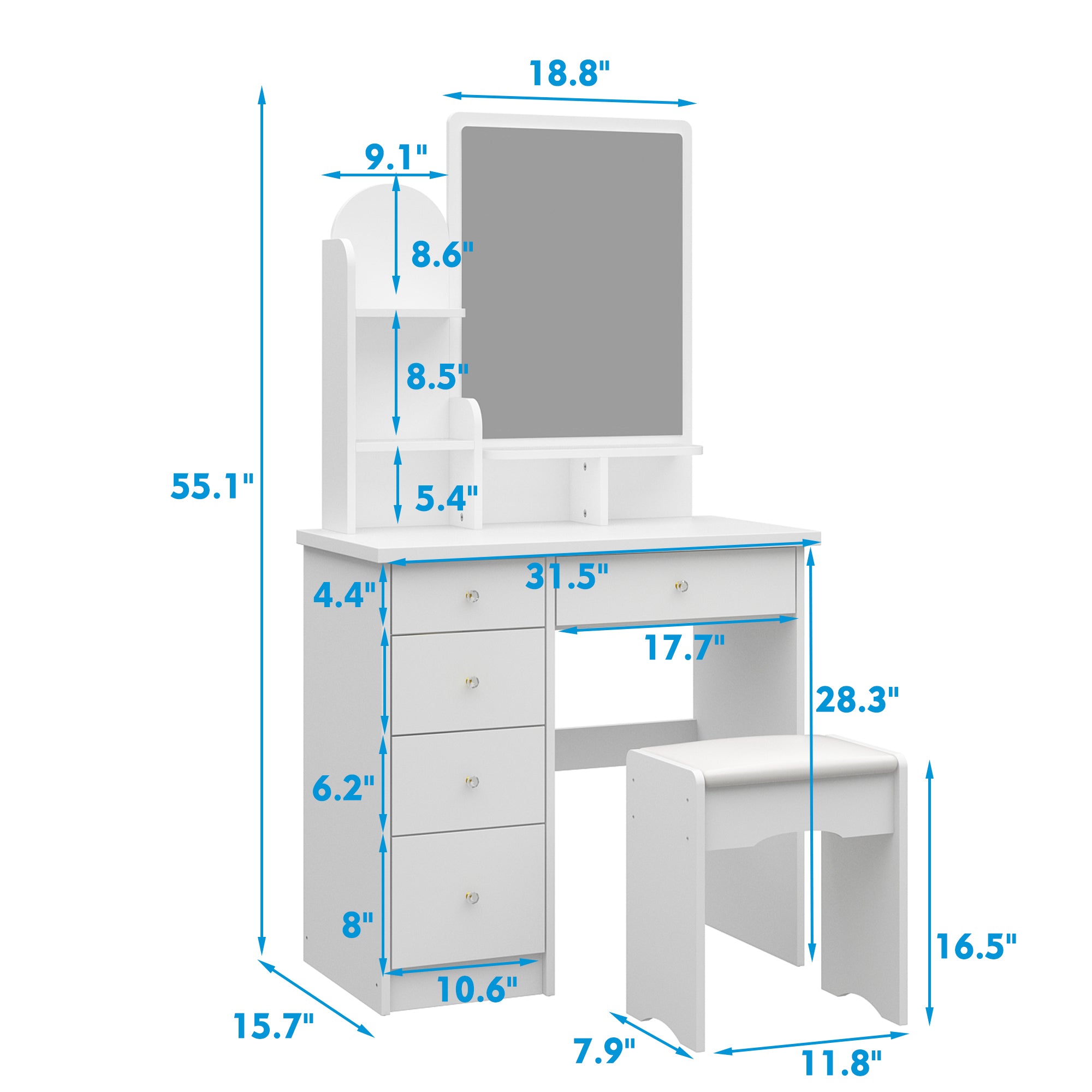 Modern Vanity Desk With Mirror, 5 Drawers, Shelves And Matching Stool, Makeup Dressing Table