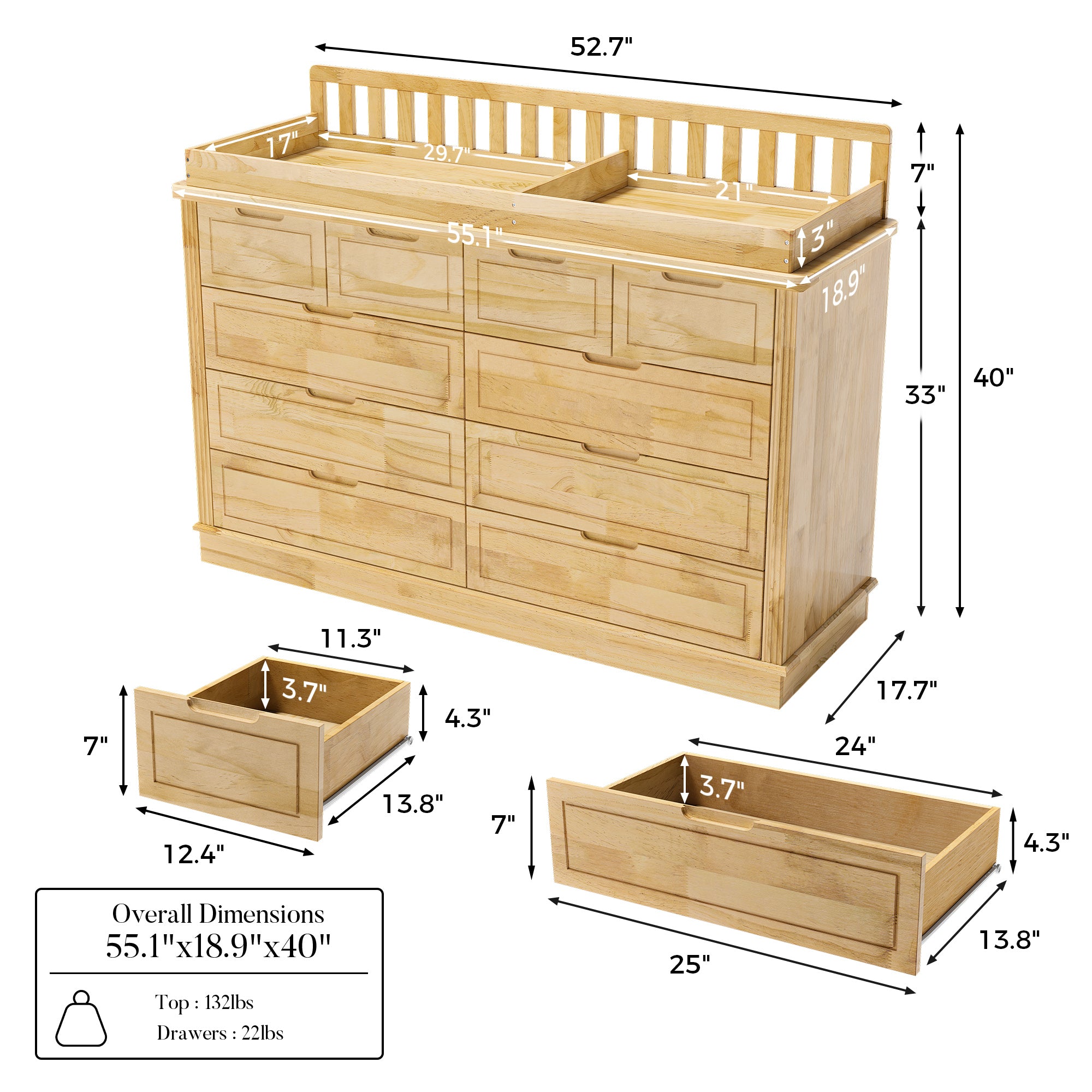 Wood changing table dresser with removable changing topper and multiple drawers