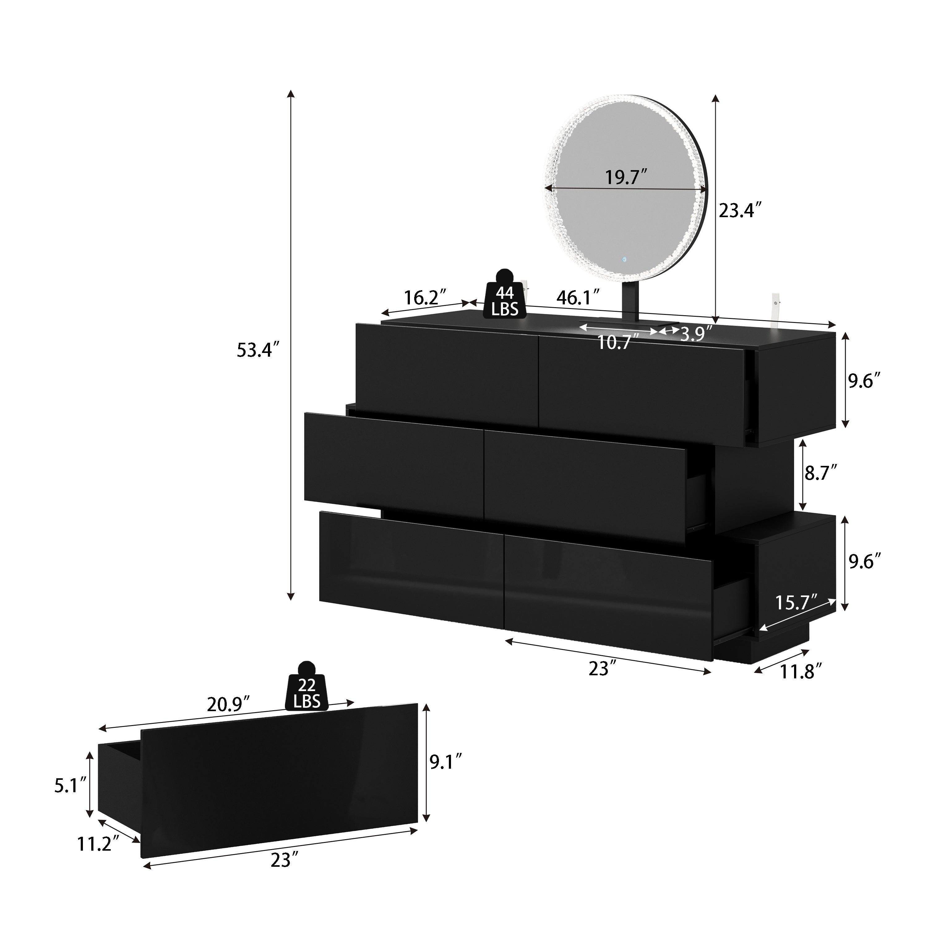 Black high-gloss dresser with wide drawers and vanity mirror setup