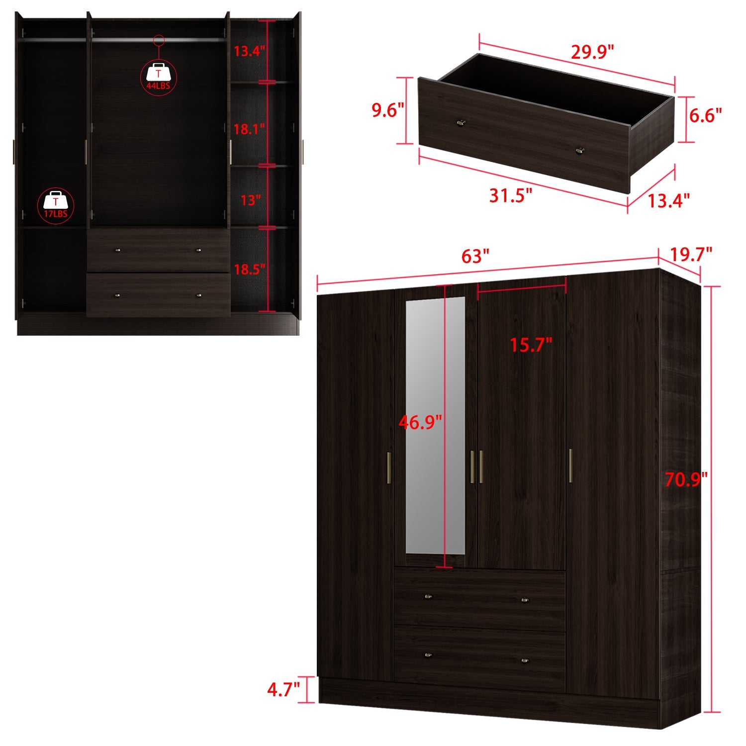Wardrobe Multifunctional Large Storage Cabinet Armoire with Mirror