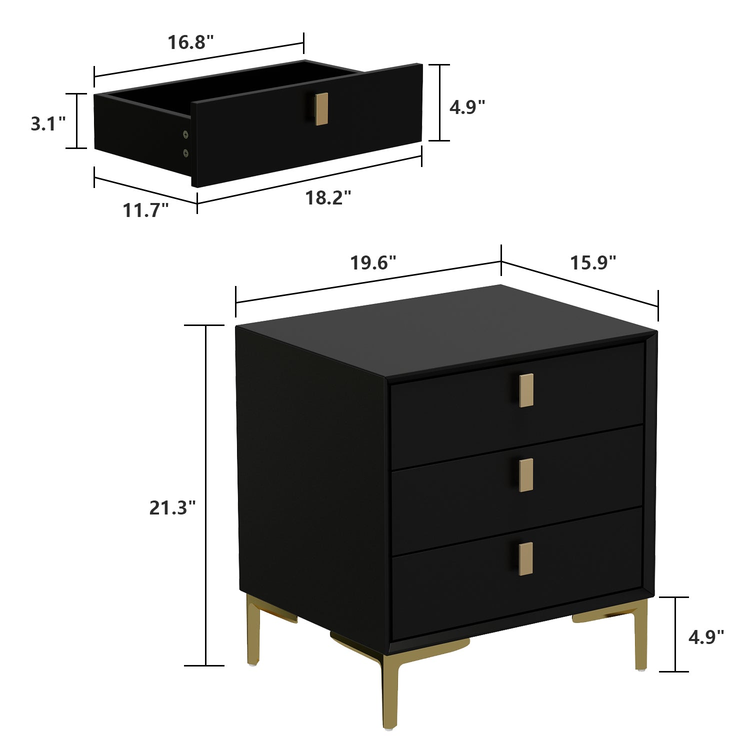 Nightstand Dresser Black End Table in Gold Metal Legs with 3 Drawers