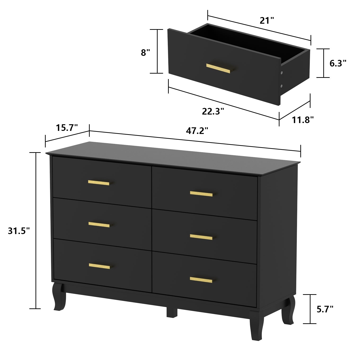 Modern White Finish Double Dresser 6-Drawer Cabinet for Hallway Entryway Living Room