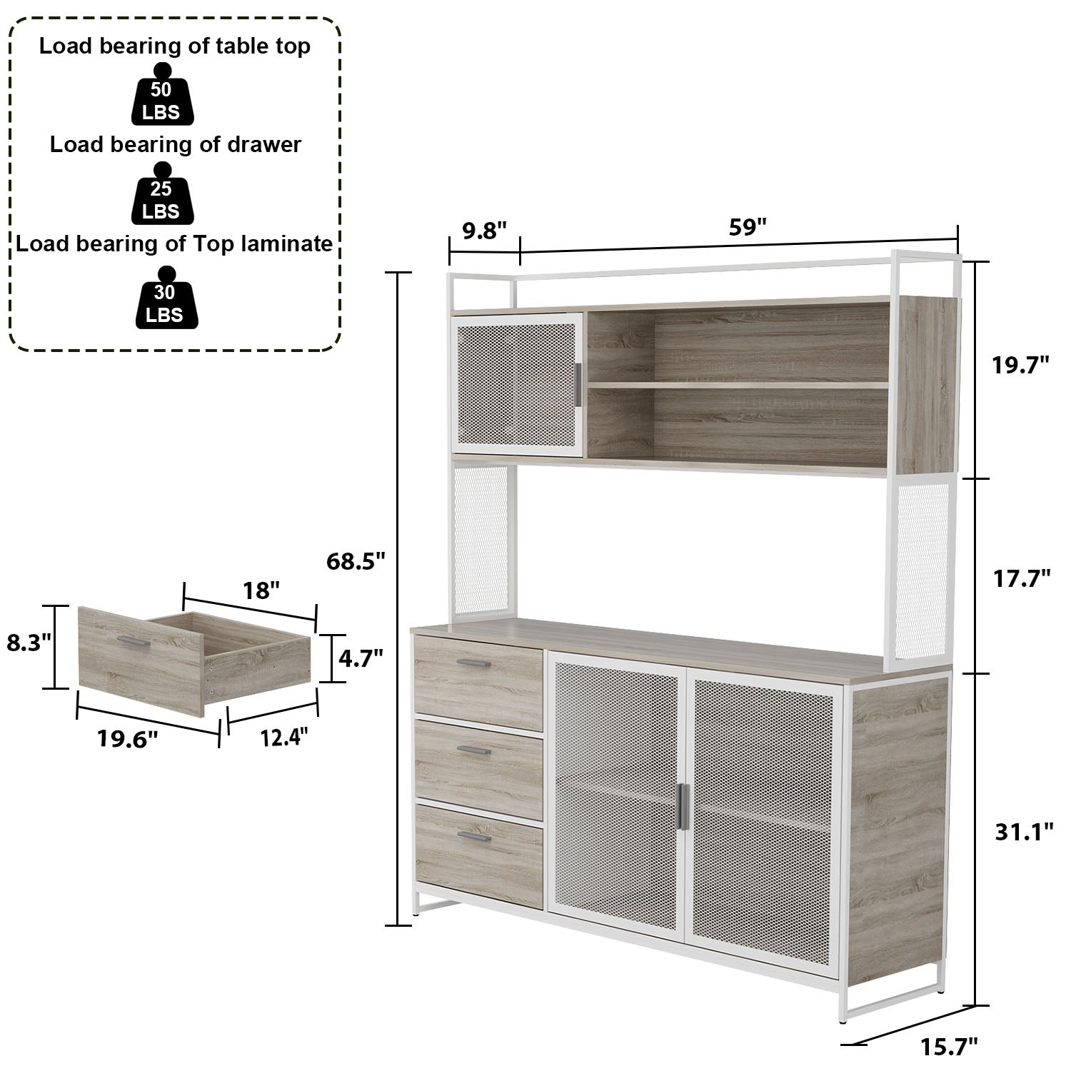 Large Kitchen Sideboard Display Cupboard with Drawers and Mesh Doors Wood Grain