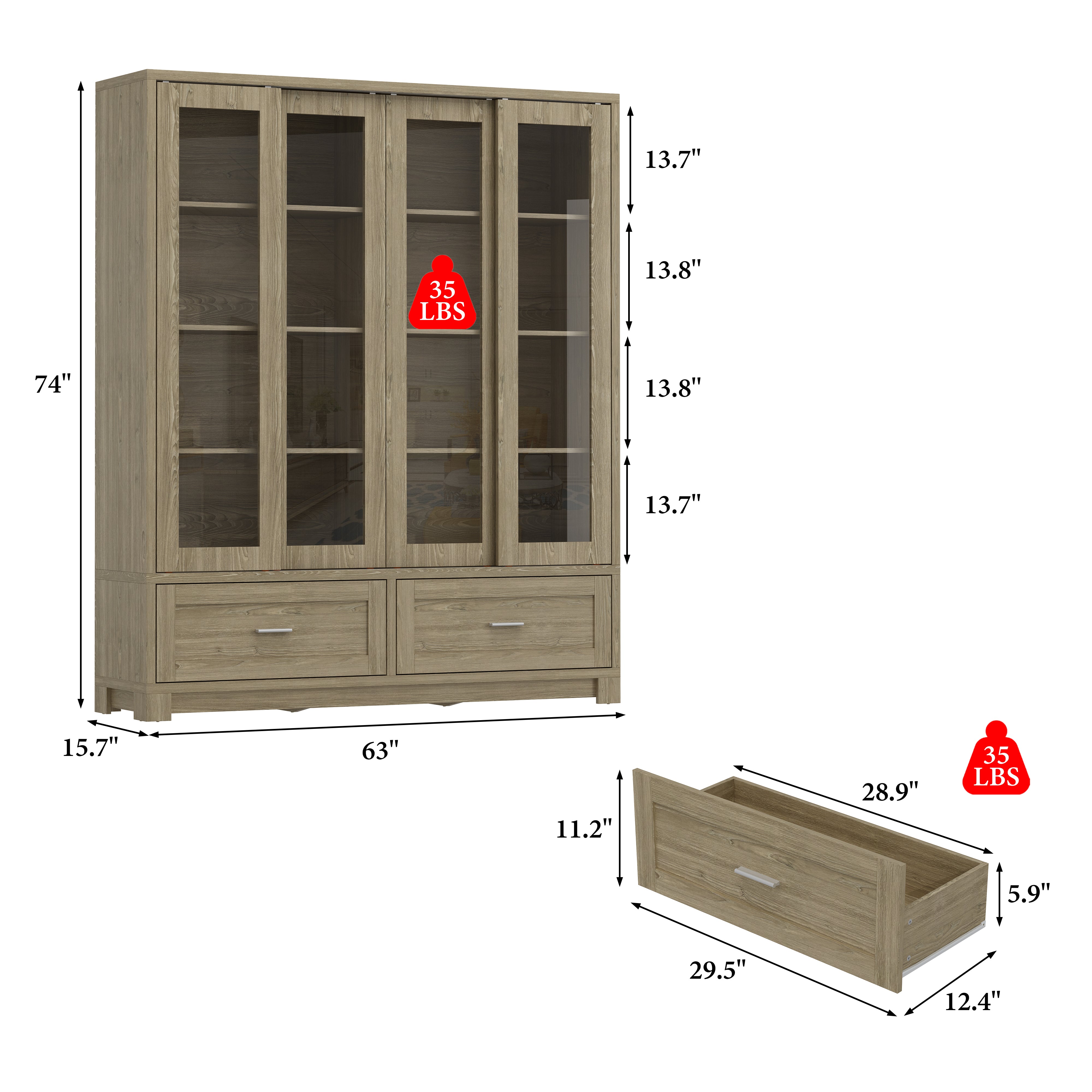 63 inches Modern Rustic Wood China Cabinet with 2 Drawers and 4 Sliding Glass Doors