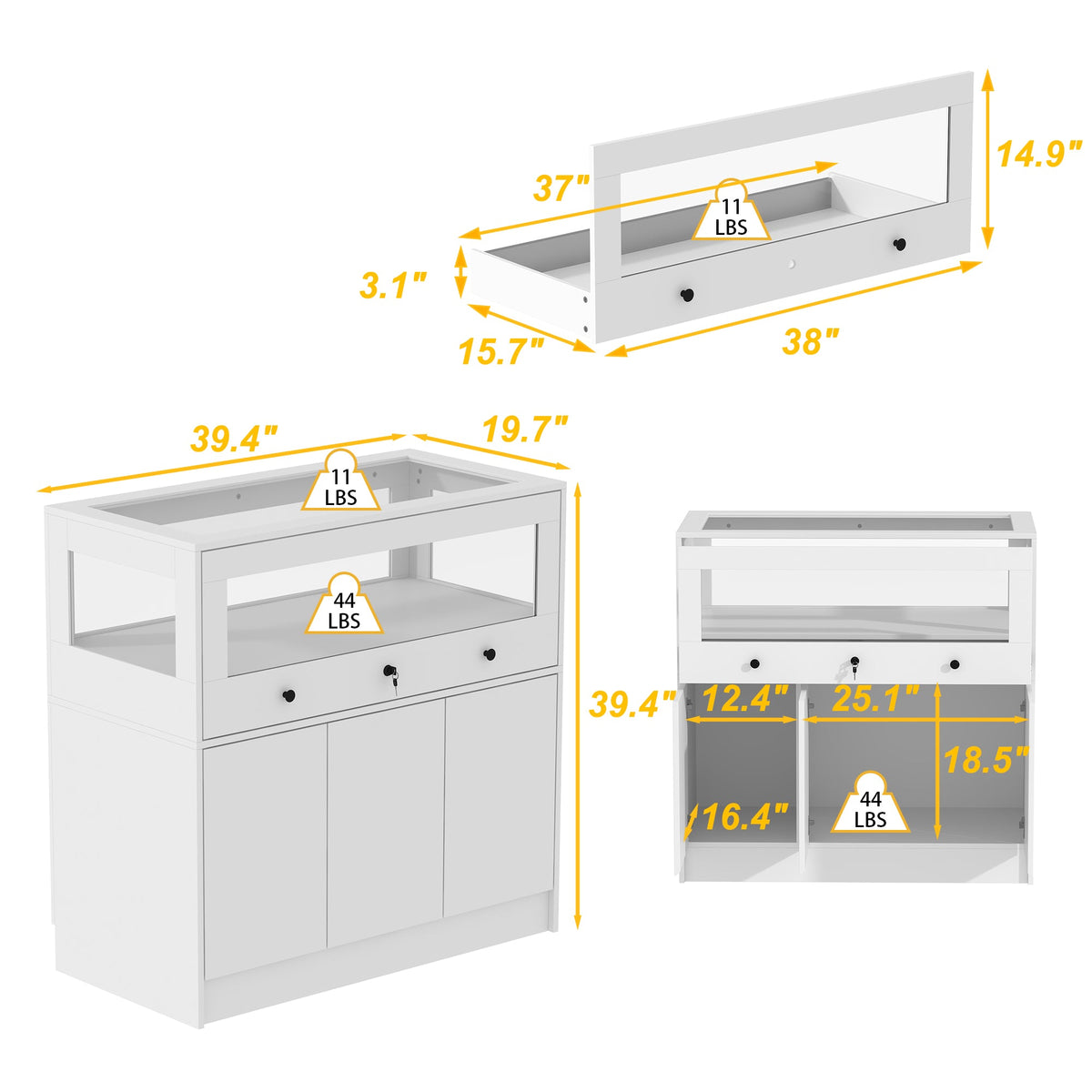 39.4 inches Modern Minimalist White Jewelry Display Cabinet With Lock And Tempered Glass