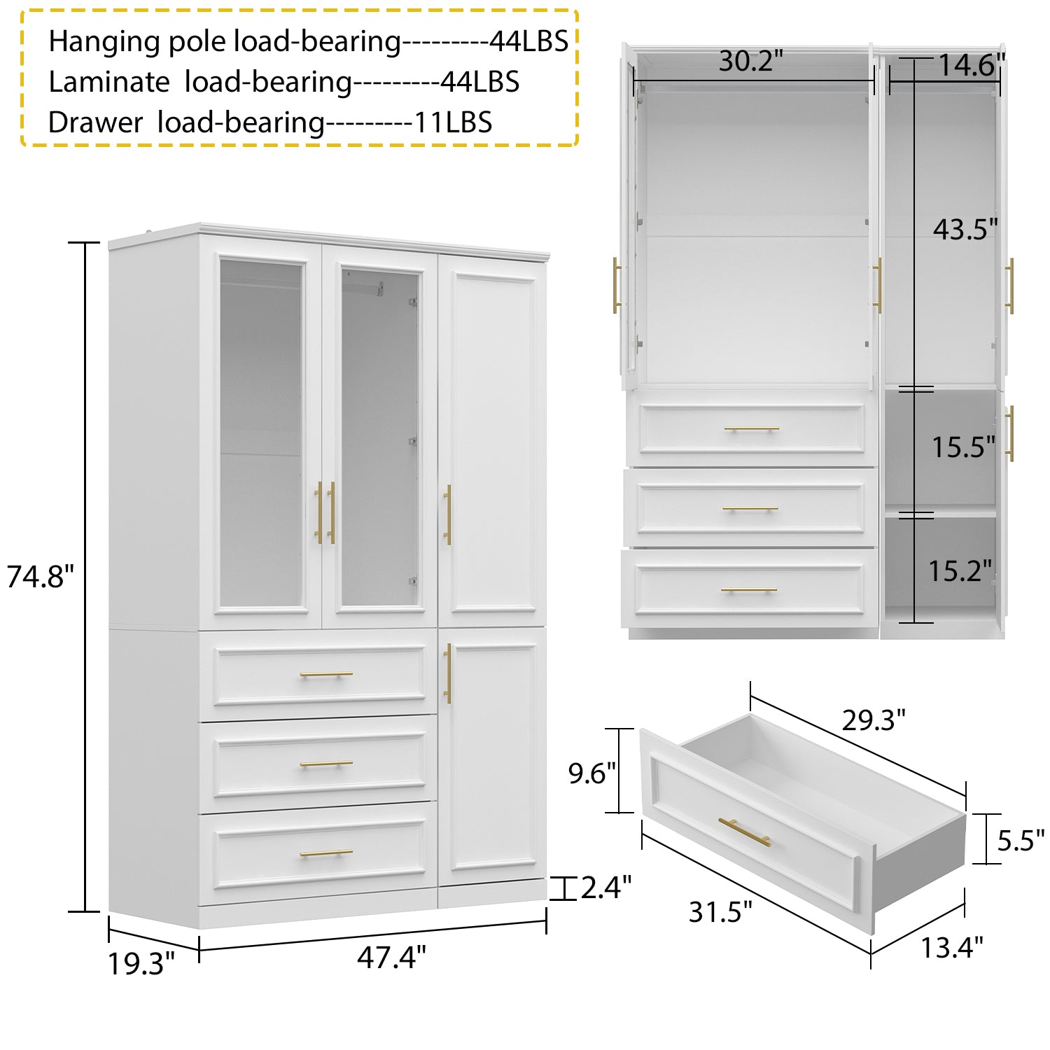 74.9"H Bedroom Armoire with Glass Doors, 3 Drawers & Hanging Rod for Organized Clothing Storage