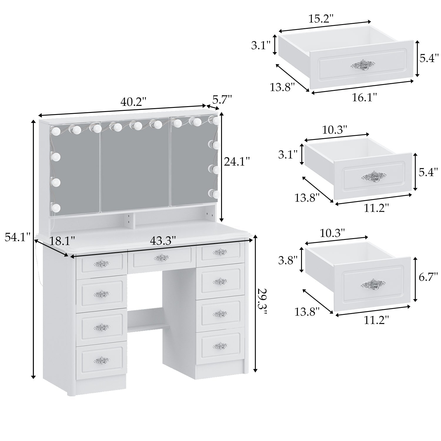 Modern 7 Drawers Vanity Table With Lights Mirror