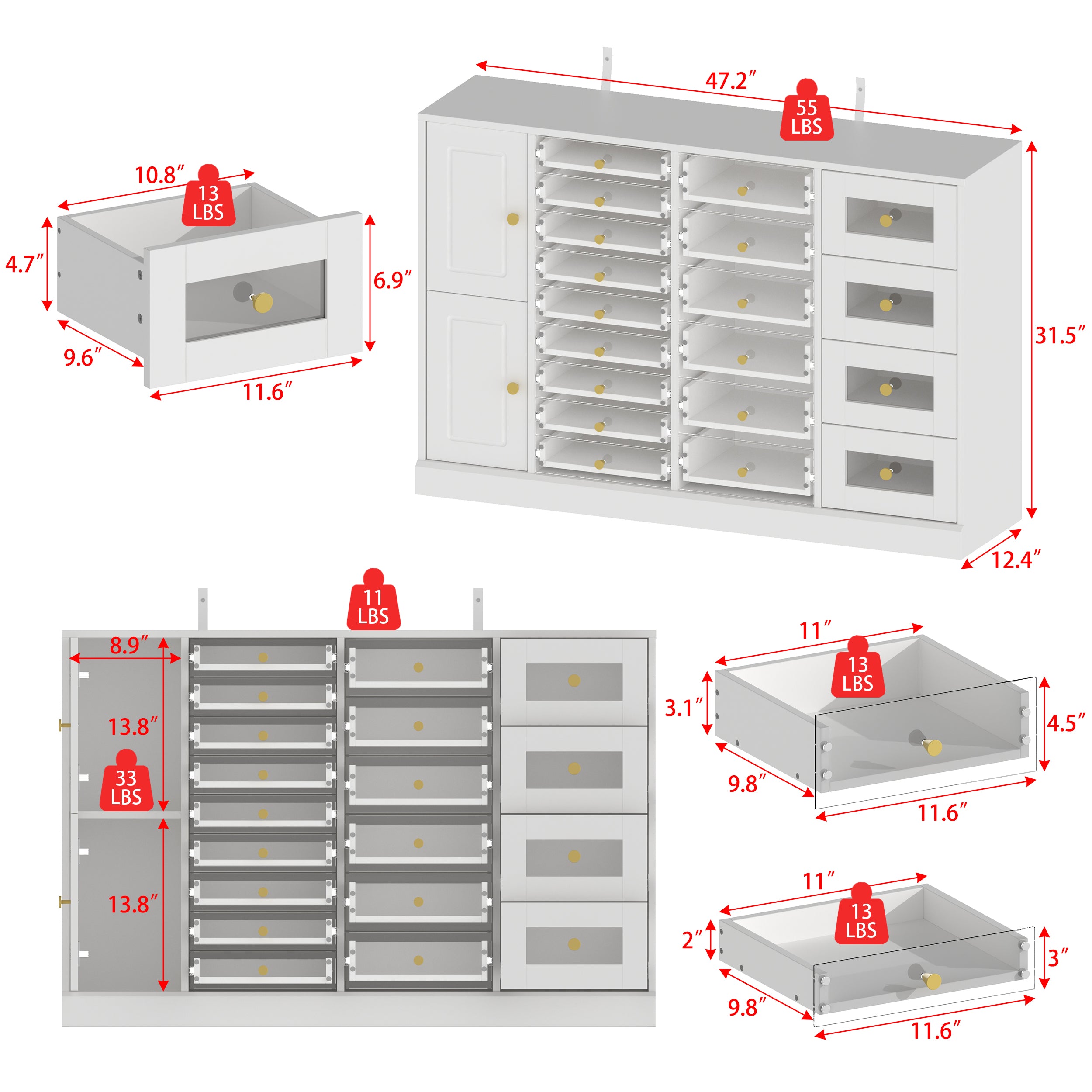 White nail polish storage cabinet with clear drawers, shelves, and side cabinet door