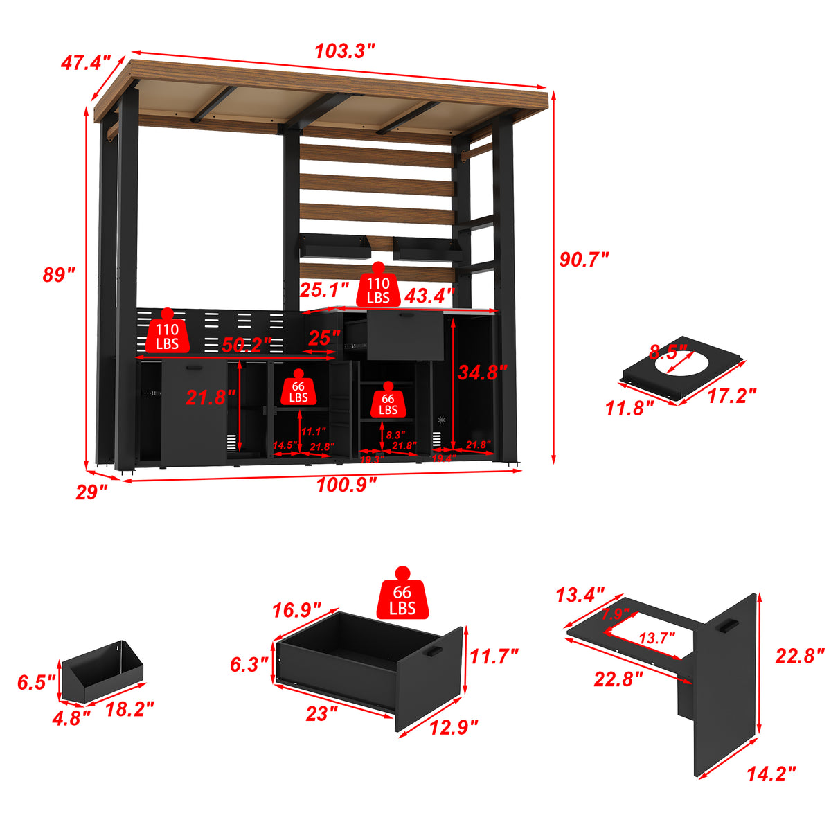 Detailed dimensions of a outdoor kitchen structure with various components.