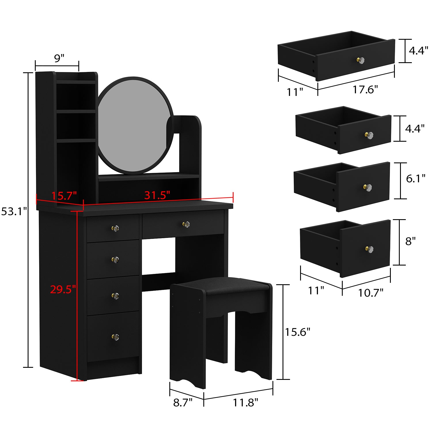 Makeup Vanity Set with Cushioned Stool, 5 Drawers & Display Shelves