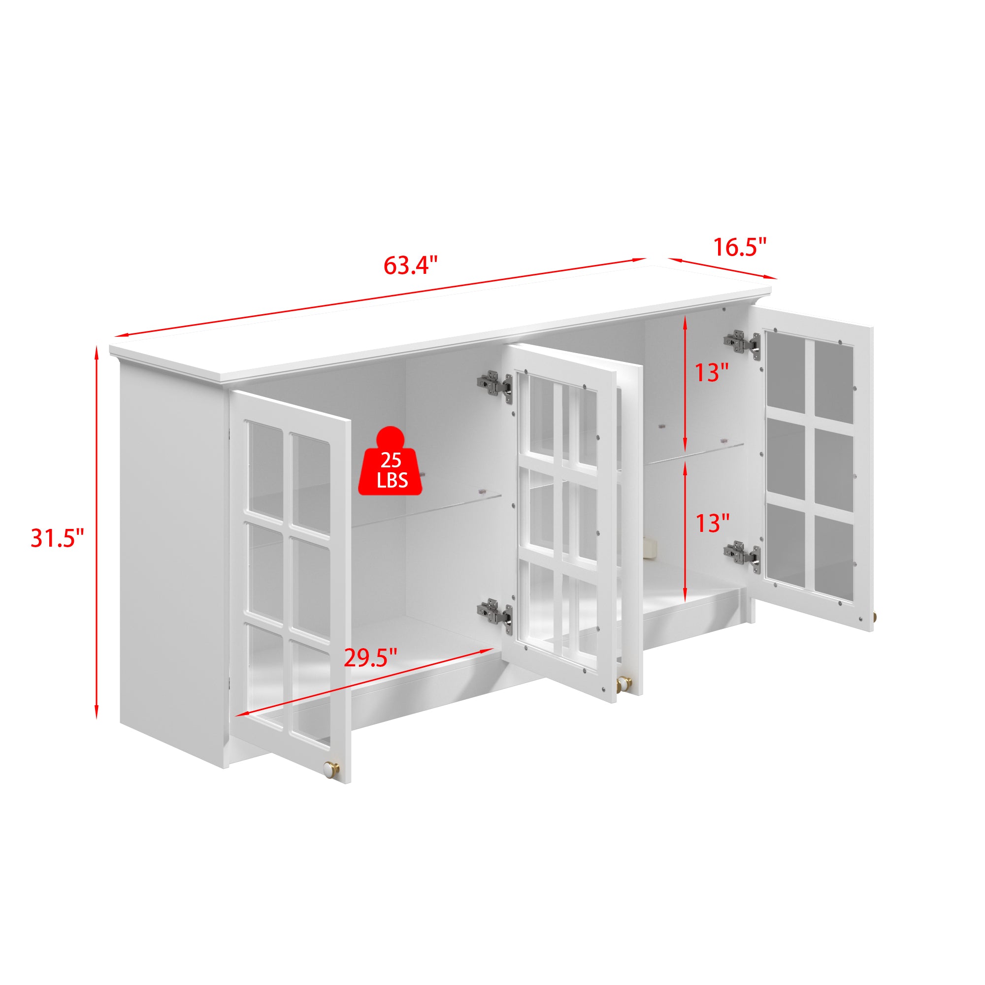 63.4 inch Modern White Wall Mounted Kitchen Cabinet with 4 Glass Doors