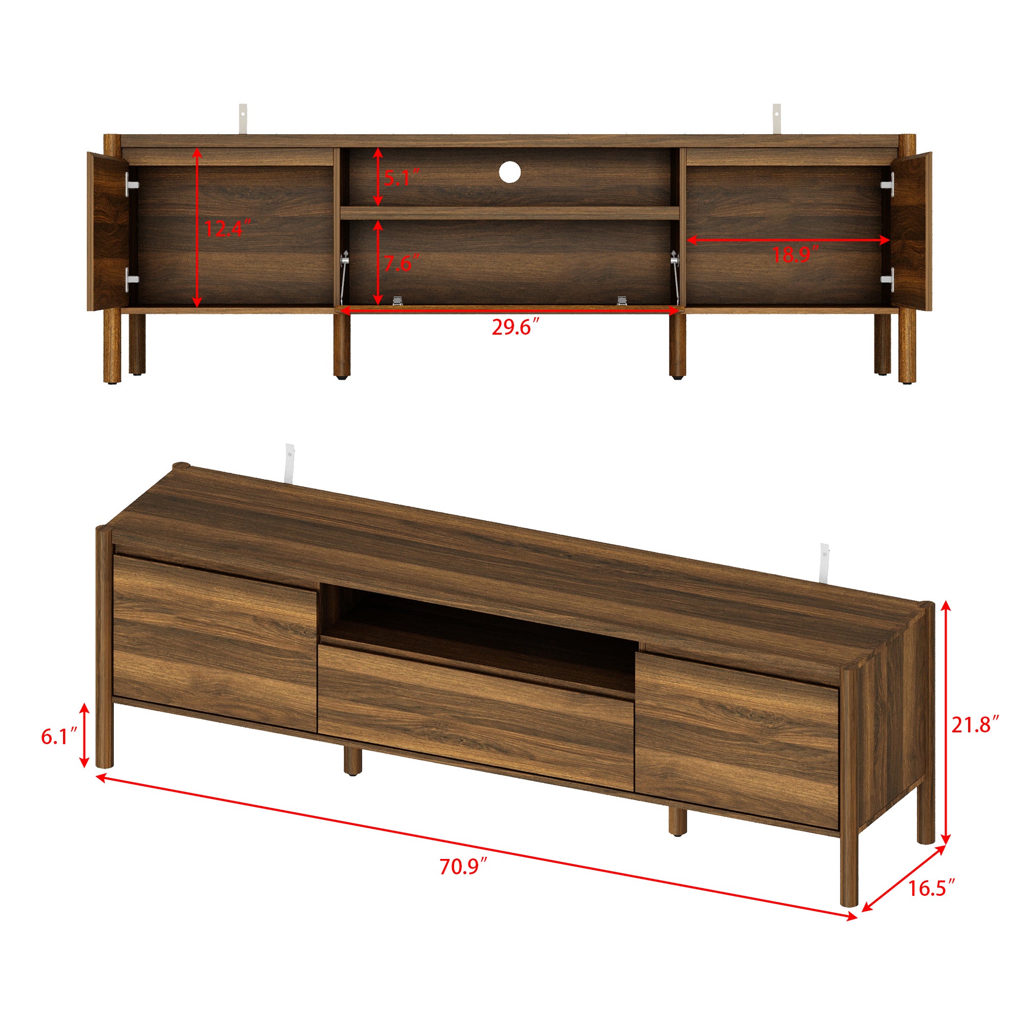 70.9 in. Modern Walnut TV Stand with Sliding Doors and Open Shelf