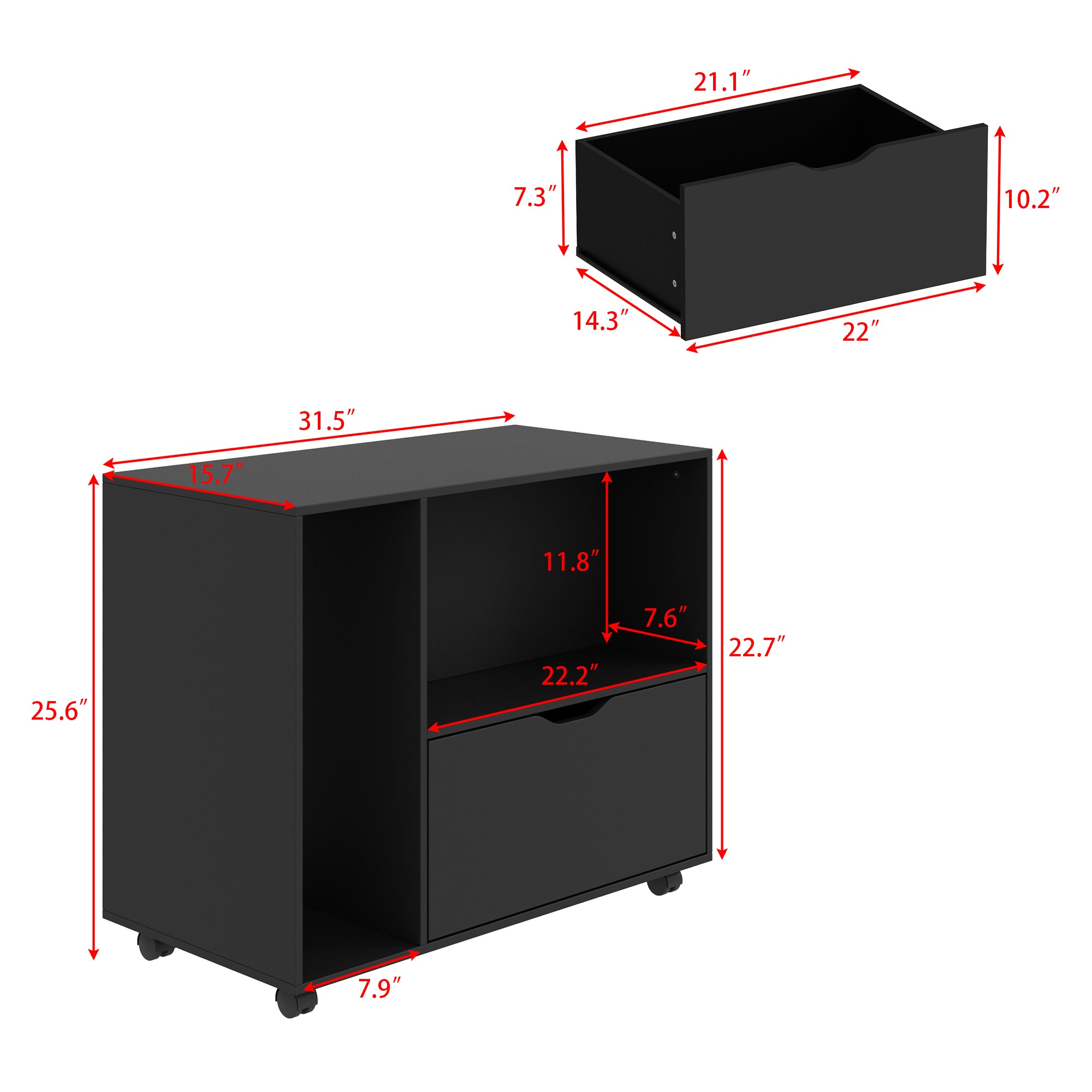 31.5" Wide Black Double File Cabinet - With Side Drawers, Hooks & Spinner Wheels