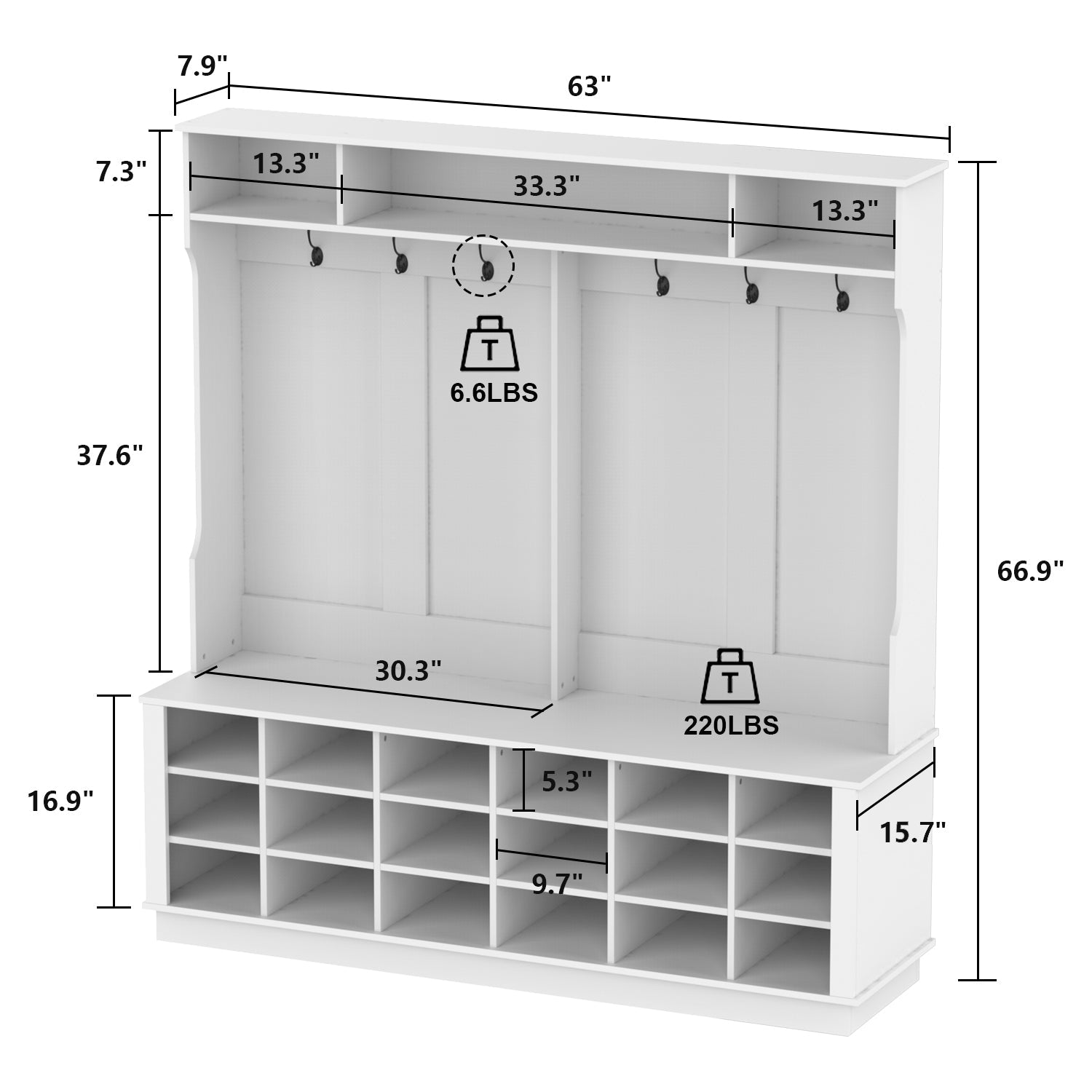 Large Hall Tree with Storage Bench 3-in-1 Entryway Bench with Double Hooks 18 Cubes