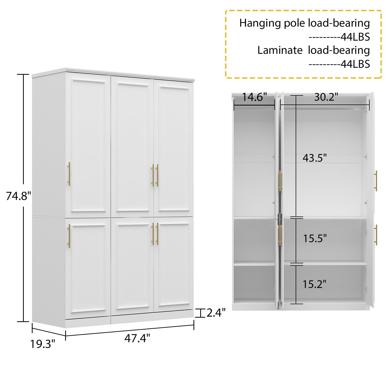 74.9'' H 6-Door Wardrobe Armoire with 2 Hanging Rods