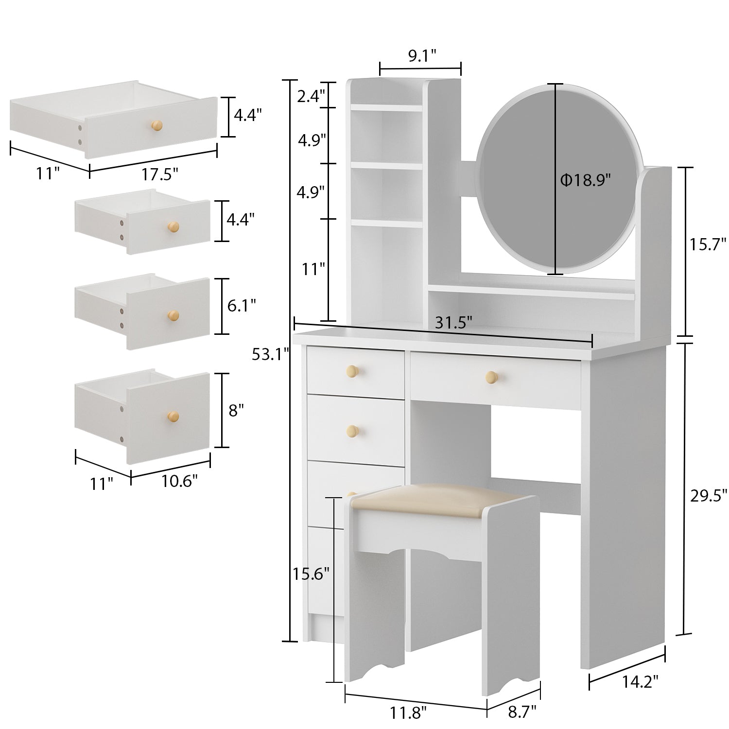 Makeup Vanity Set with Cushioned Stool, 5 Drawers & Display Shelves