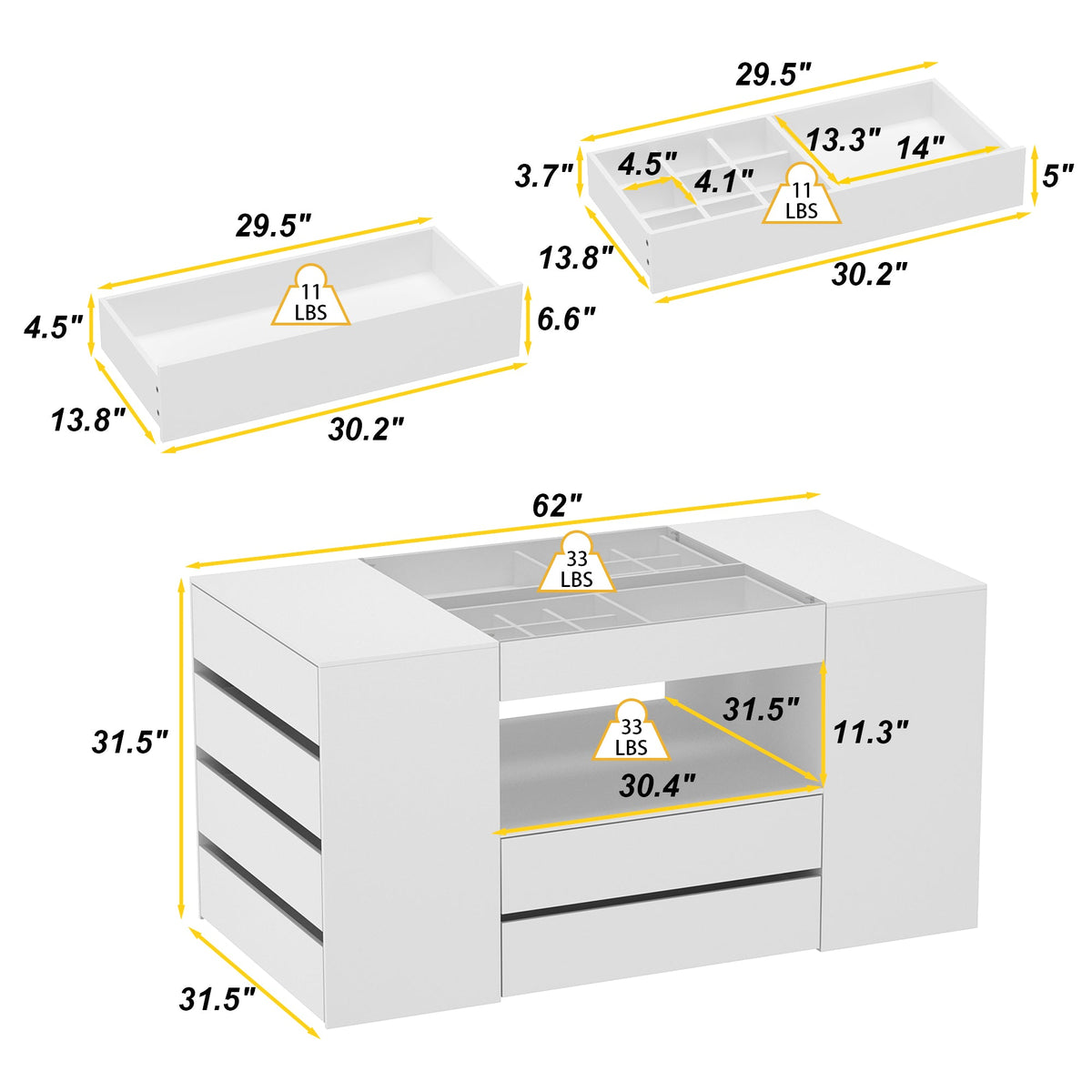 62 inches Modern White 14-Drawer Chest with Tempered Glass Top