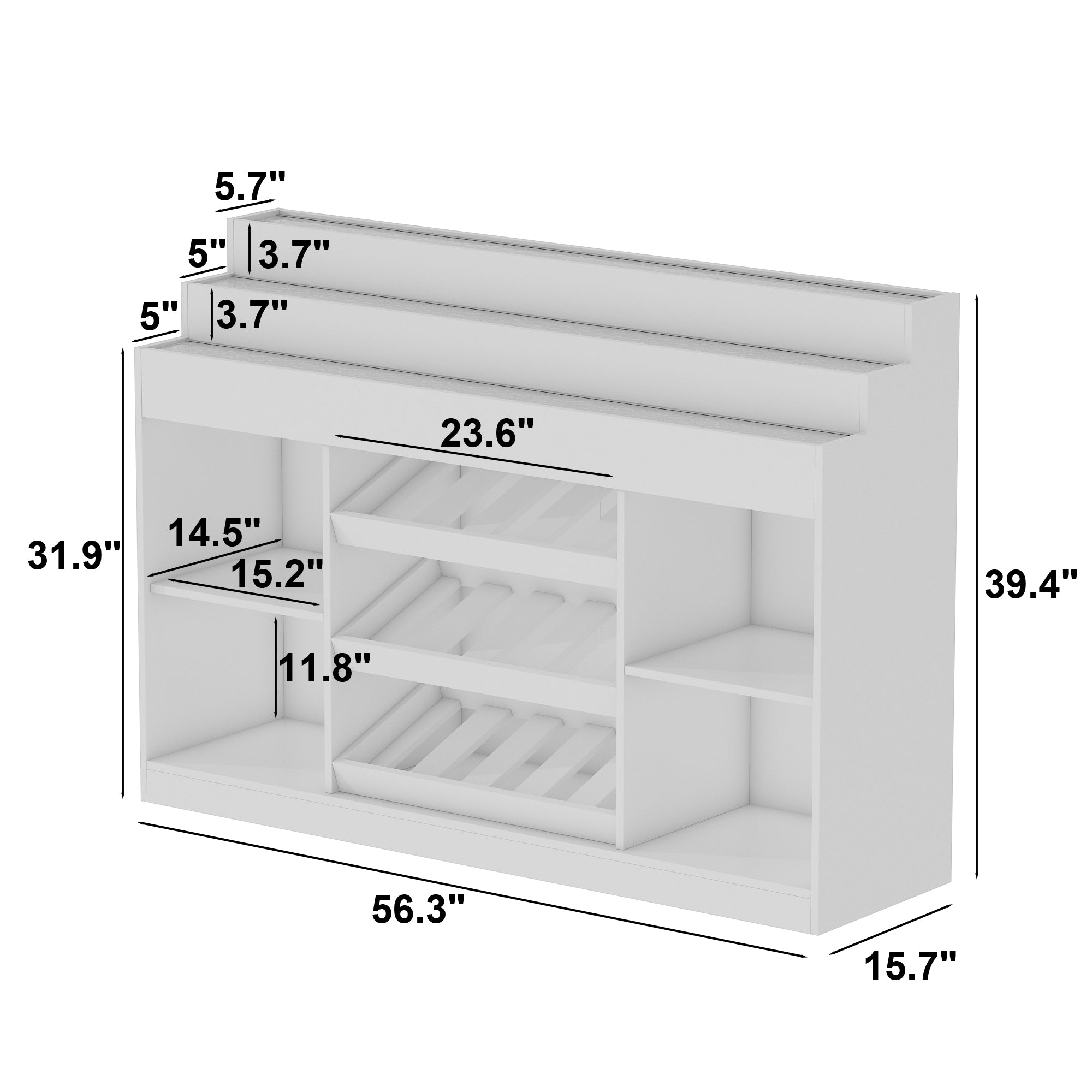 56.3 inches Modern White Wine Bar Cabinet With Light, Home Coffee Cabinet With Wine Shelf And Glass Top