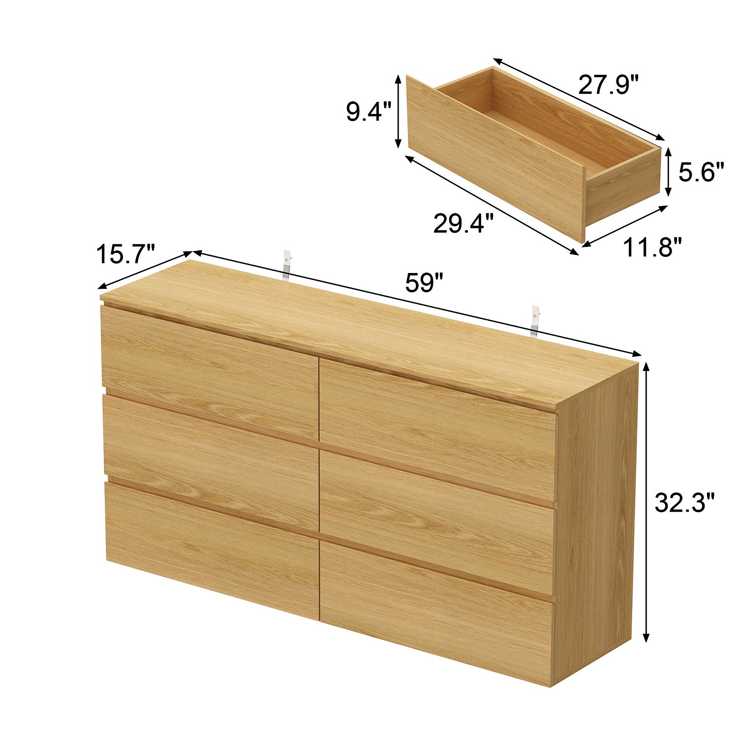 Distressed 6-Drawer Sideboard with Grain Texture - 59" Wide