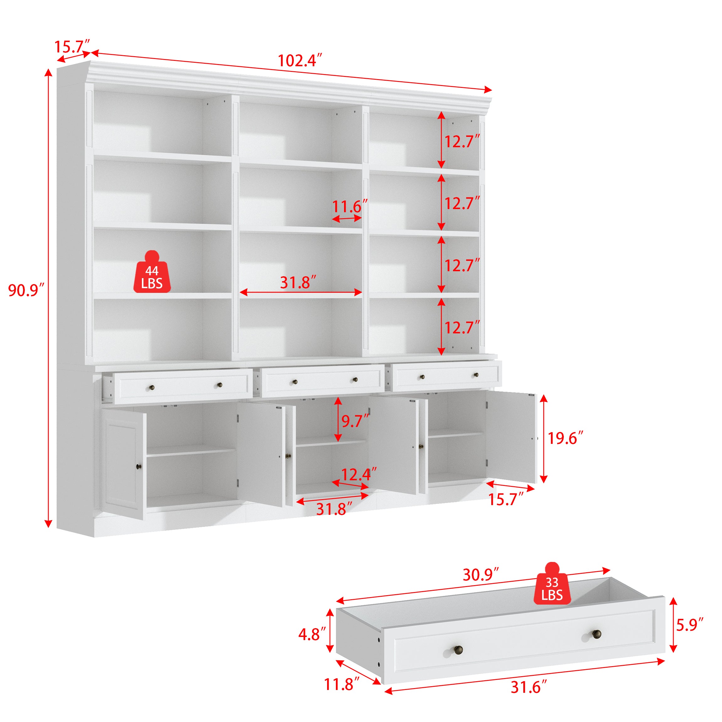 102.4 inches White 6‑Tier Open Bookcase Storage Cabinet with 3 Drawers & 6 Closed Base Doors