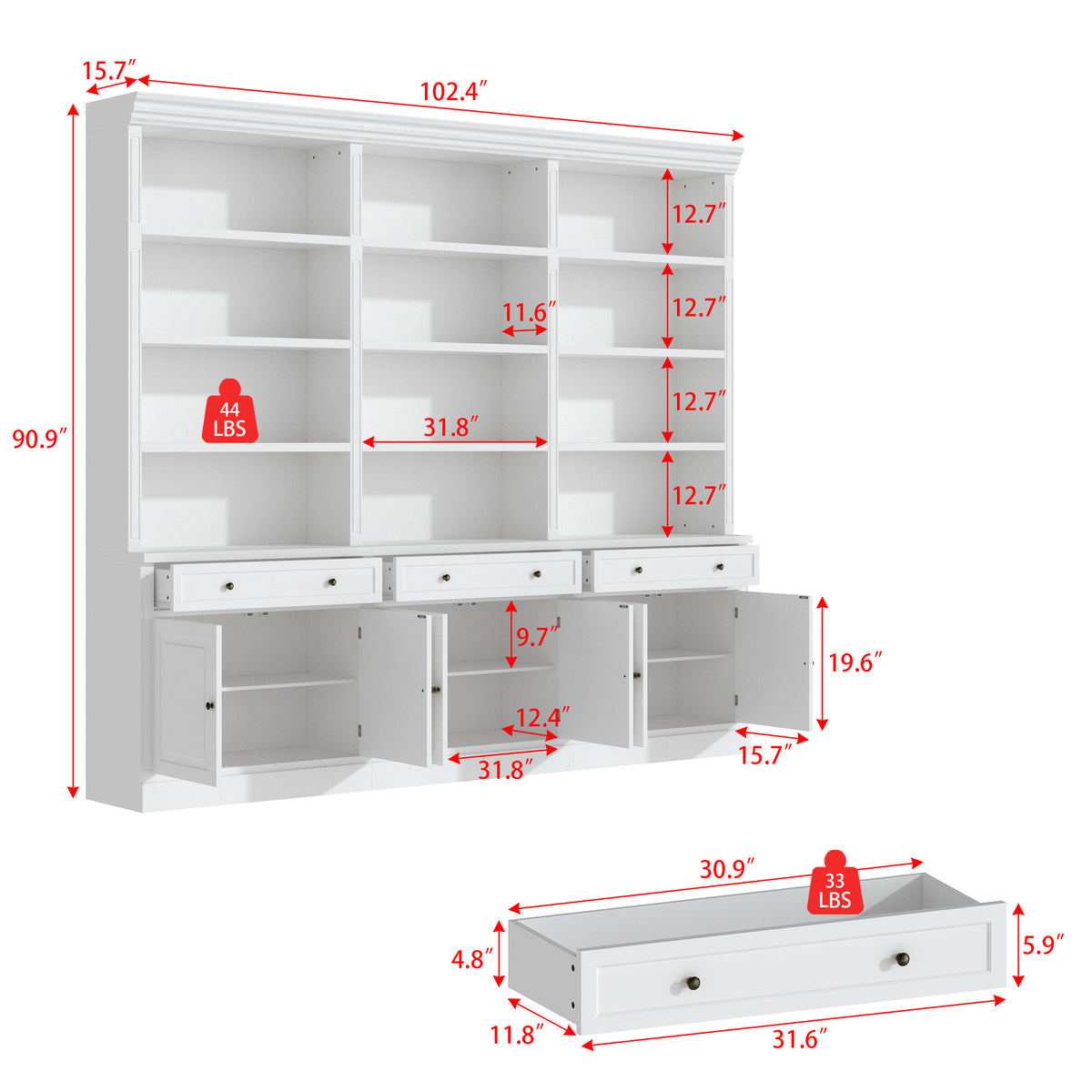 102.4 inches White 6‑Tier Open Bookcase Storage Cabinet with 3 Drawers & 6 Closed Base Doors