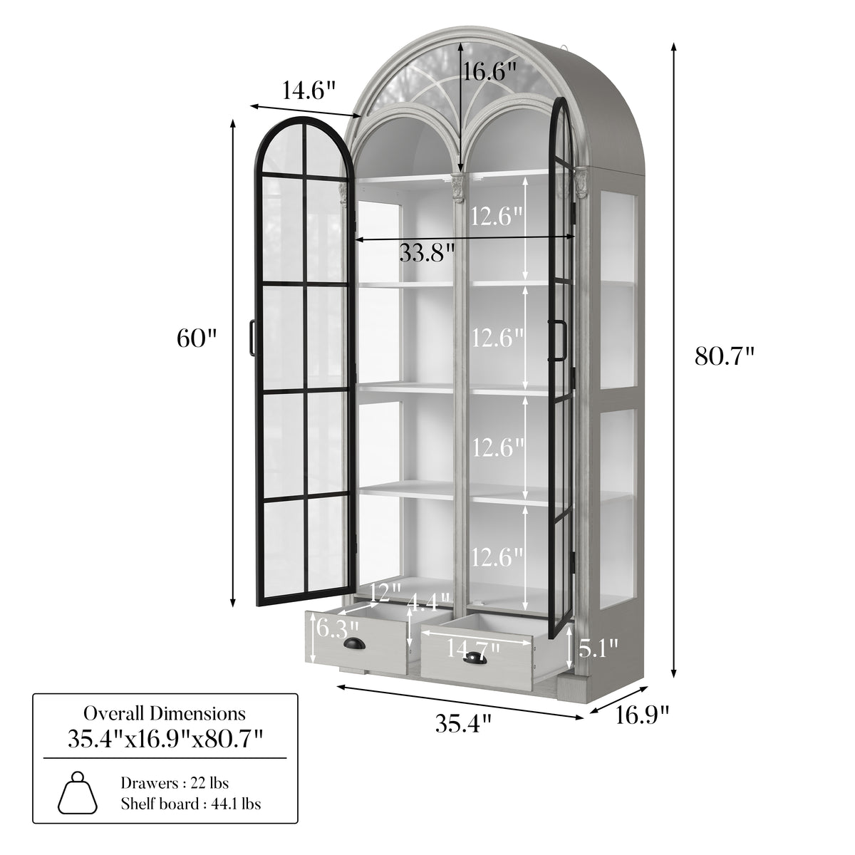 Arched display cabinet with glass doors and drawers