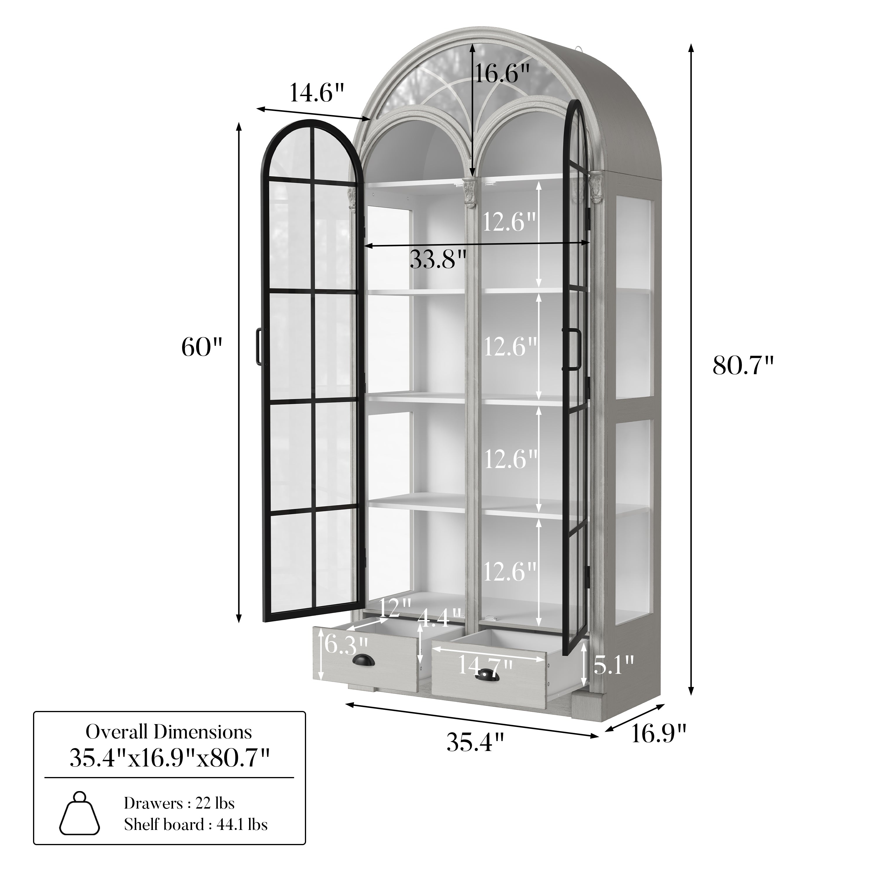 Arched display cabinet with glass doors and drawers