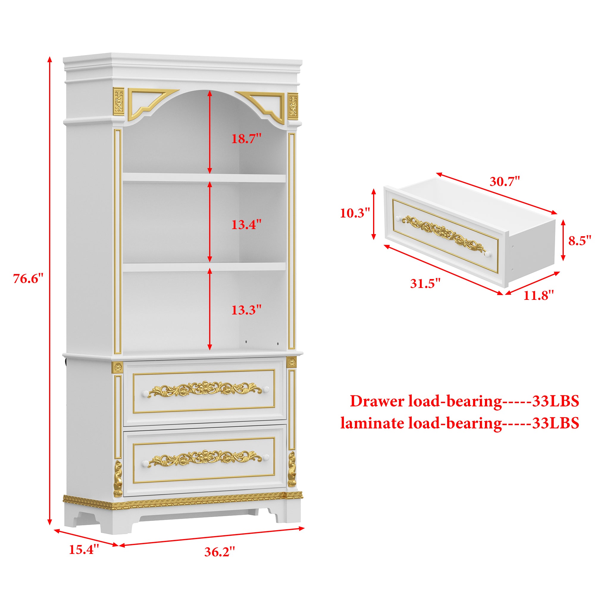 White cabinet with gold accents and dimensions labeled