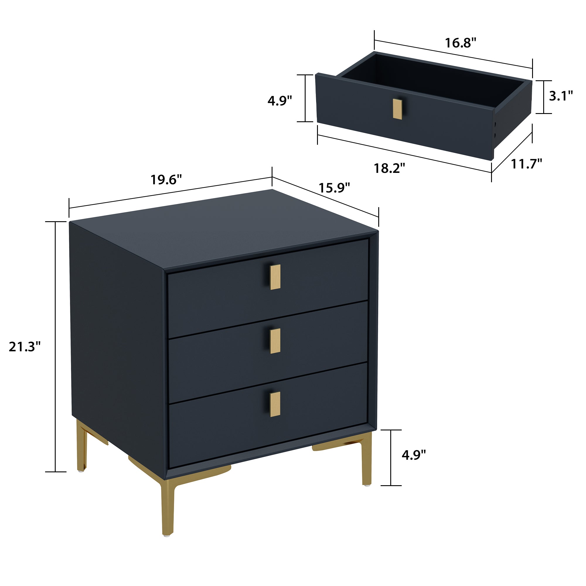 Nightstand Dresser Black End Table in Gold Metal Legs with 3 Drawers