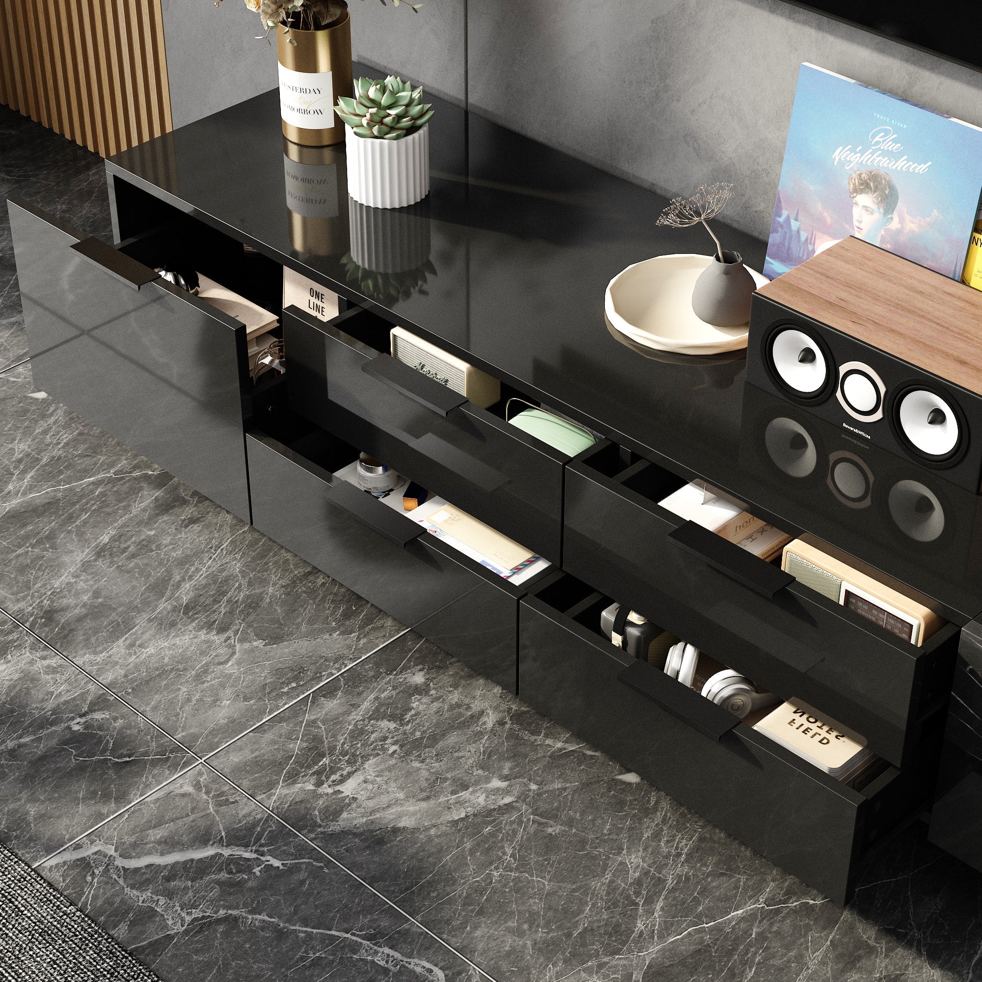 78.7'' W 5-Drawer High-Gloss Surface TV Stand Media Center With Stone Texture Design Groove Storage