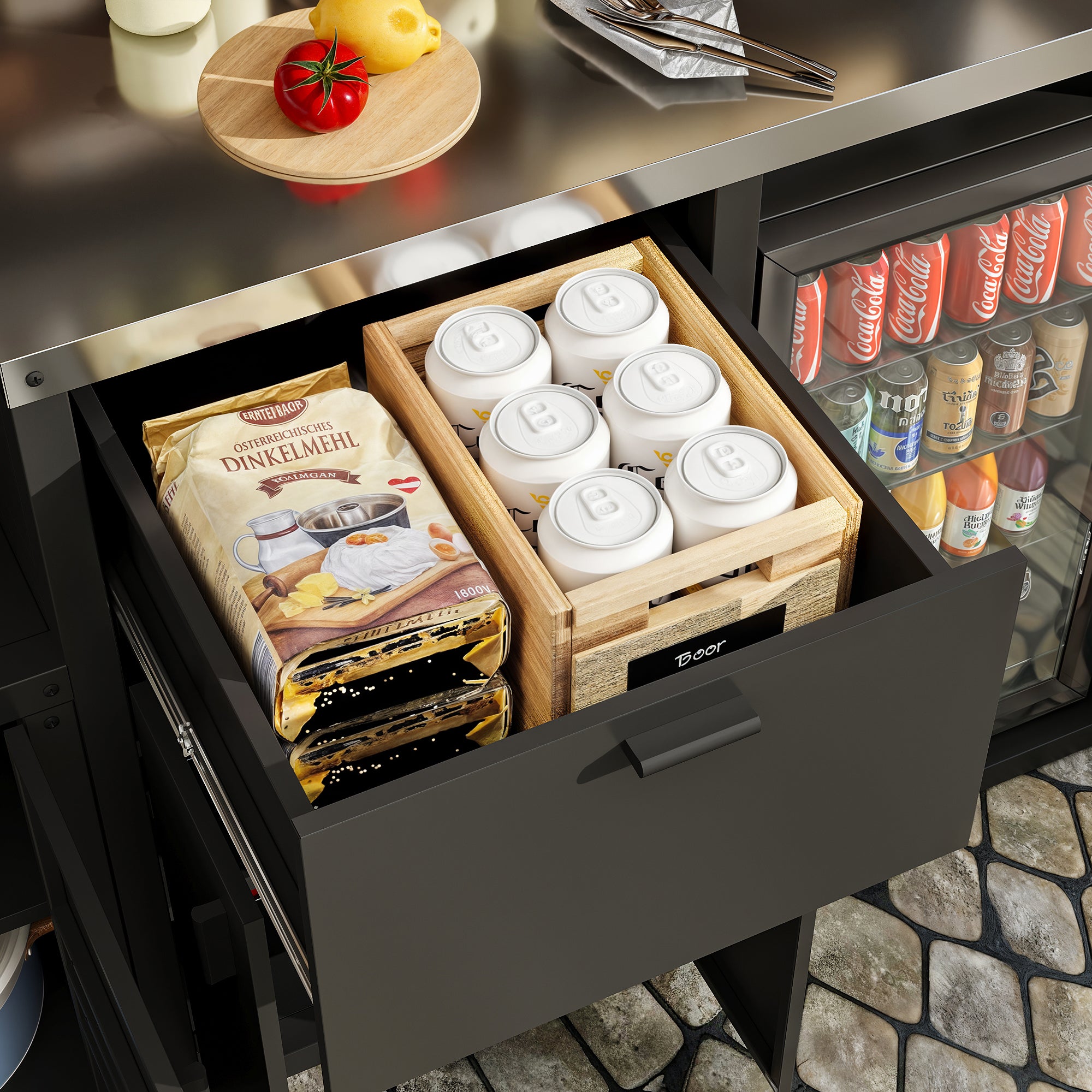 Open kitchen drawer with food items including a bag of flour, containers, and bottles.