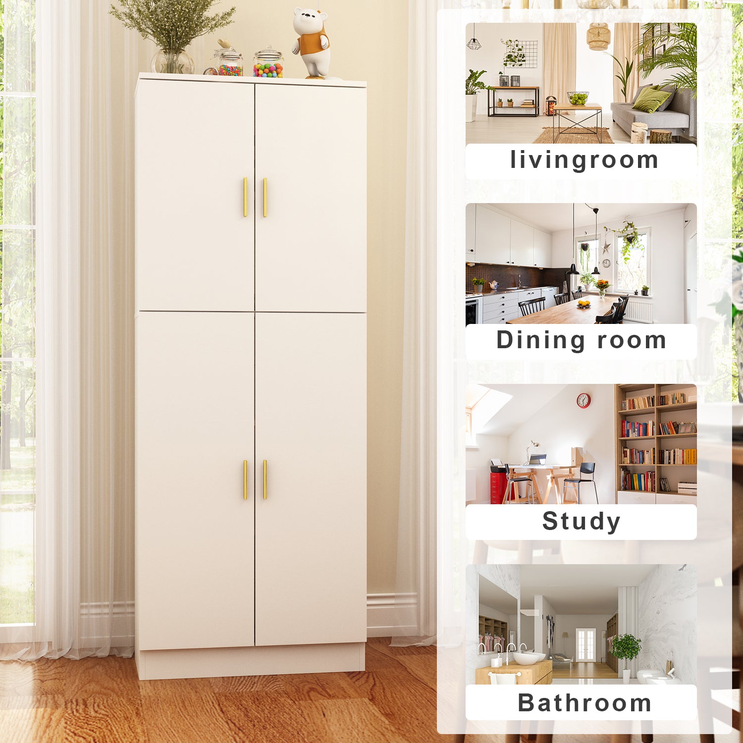 61 inch Modern White Food Pantry Cabinet with 5-Tier Shelving