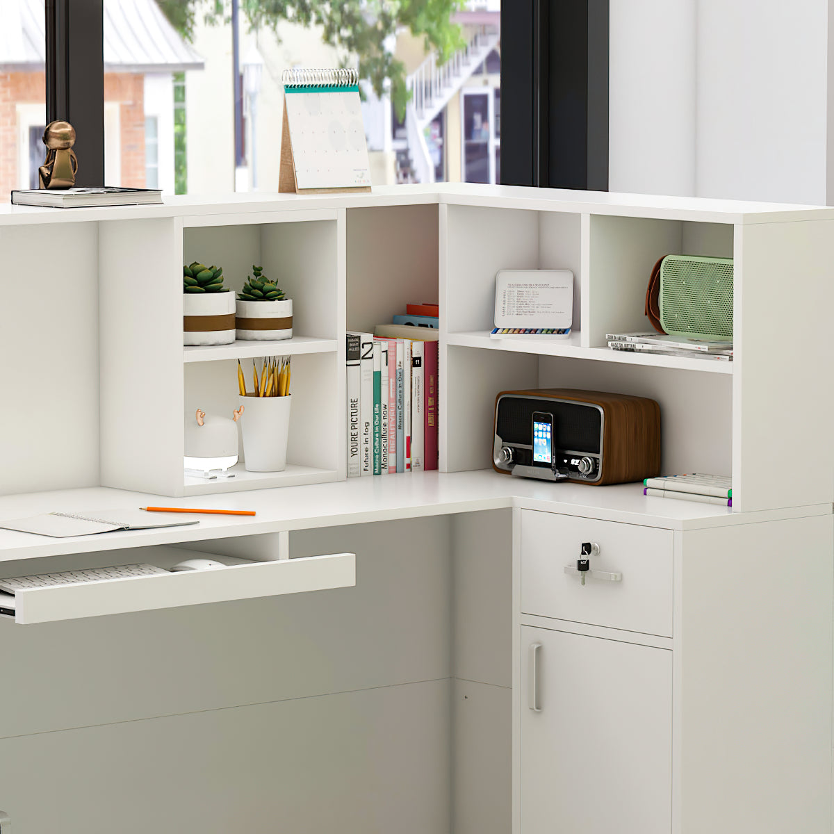 L-Shaped Reception Desk with Large Storage Filing Cabinets
