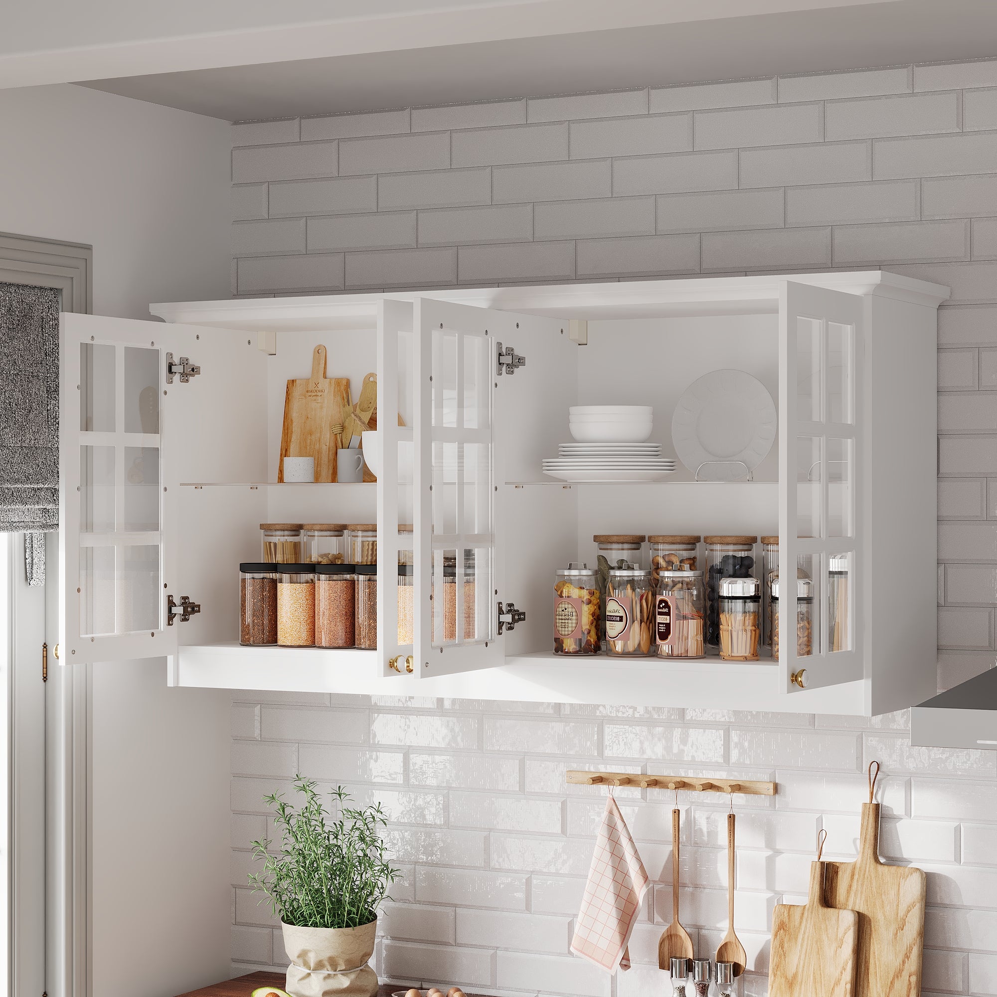 63.4 inch Modern White Wall Mounted Kitchen Cabinet with 4 Glass Doors