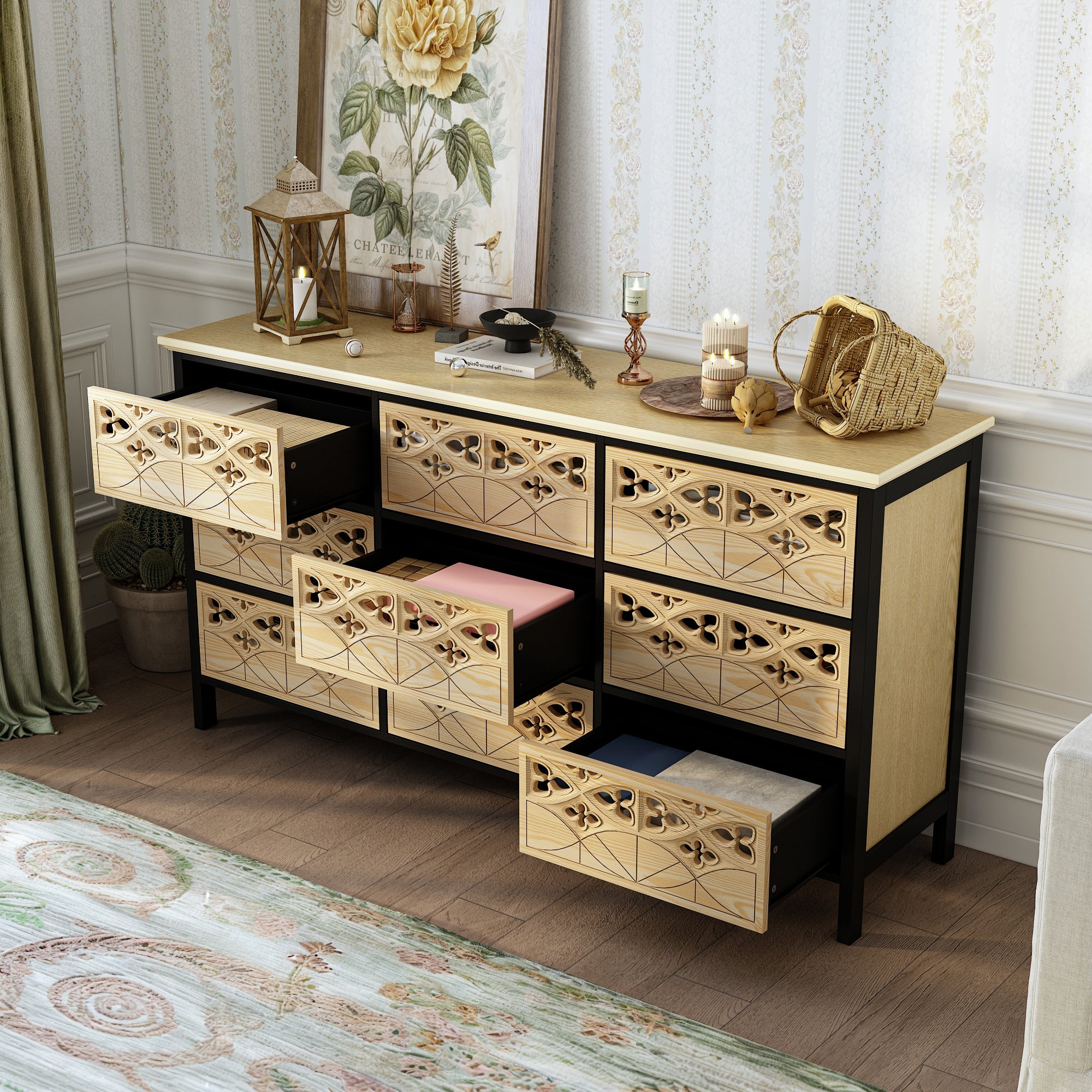 Exquisite Carved and Hollowed Nine Drawer Cabinet Elegance Meets Function Dresser Chest
