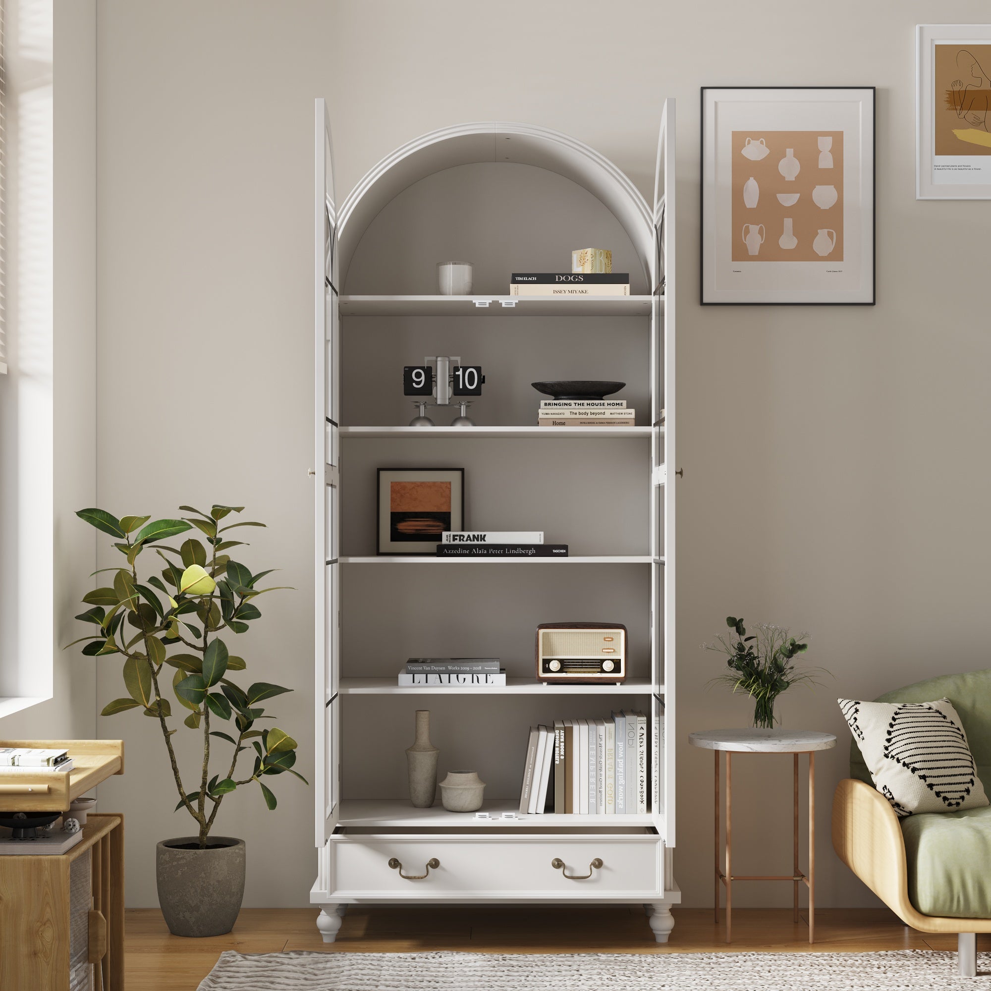 77'' H 2-Drawer Arched 5-Tier Bookcase Display Cabinet With Glass Doors