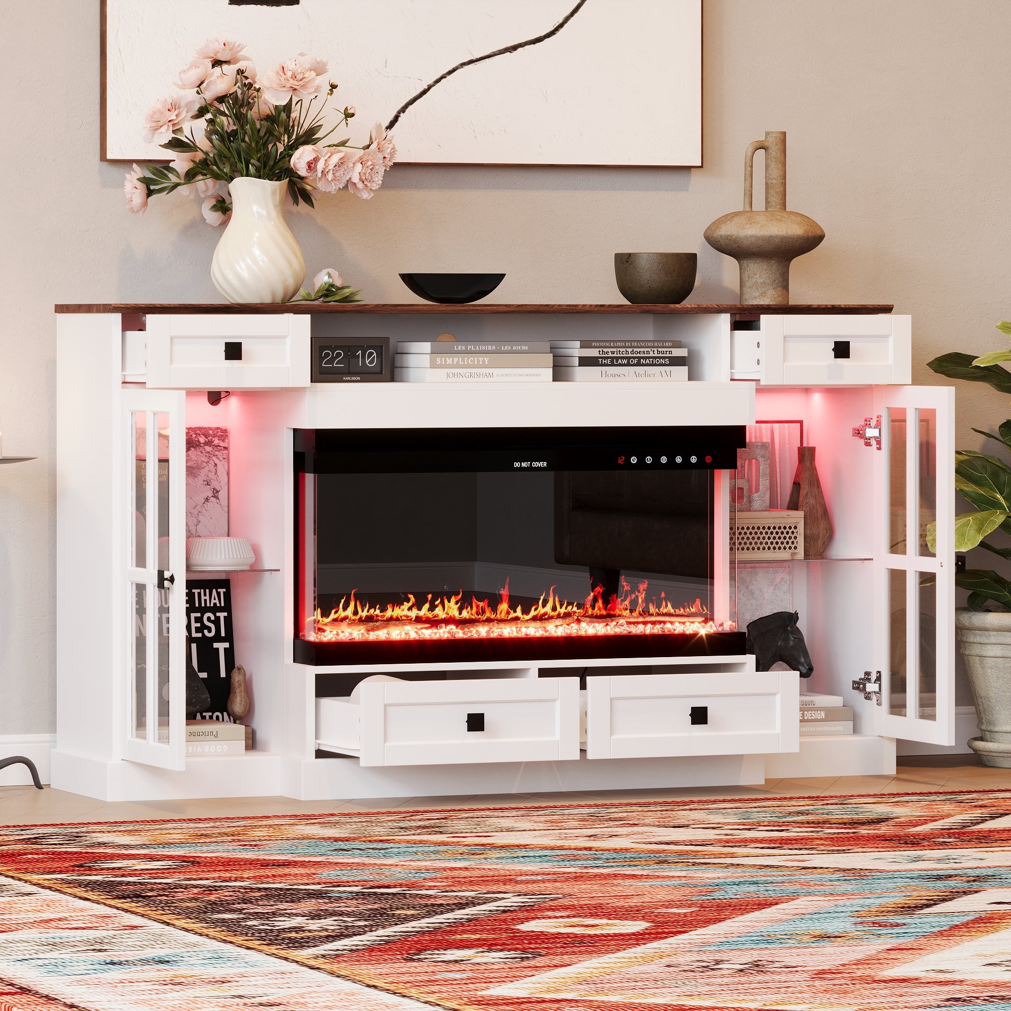 30-inch Electronic Fireplace With White TV Stand and Adjustable Light