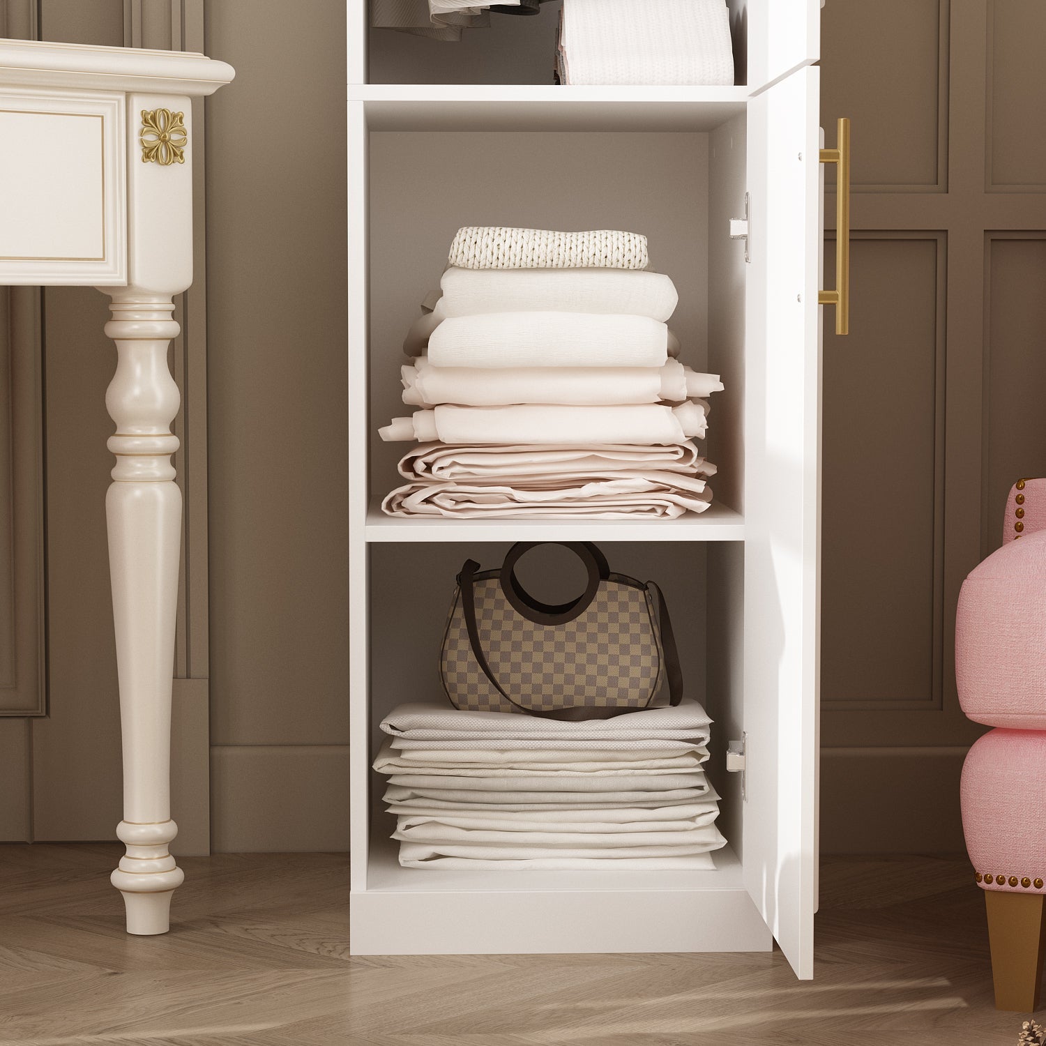 Compact Wardrobe With Dual Doors, Space-Saving Design With Golden Handles And Multiple Storage Sections