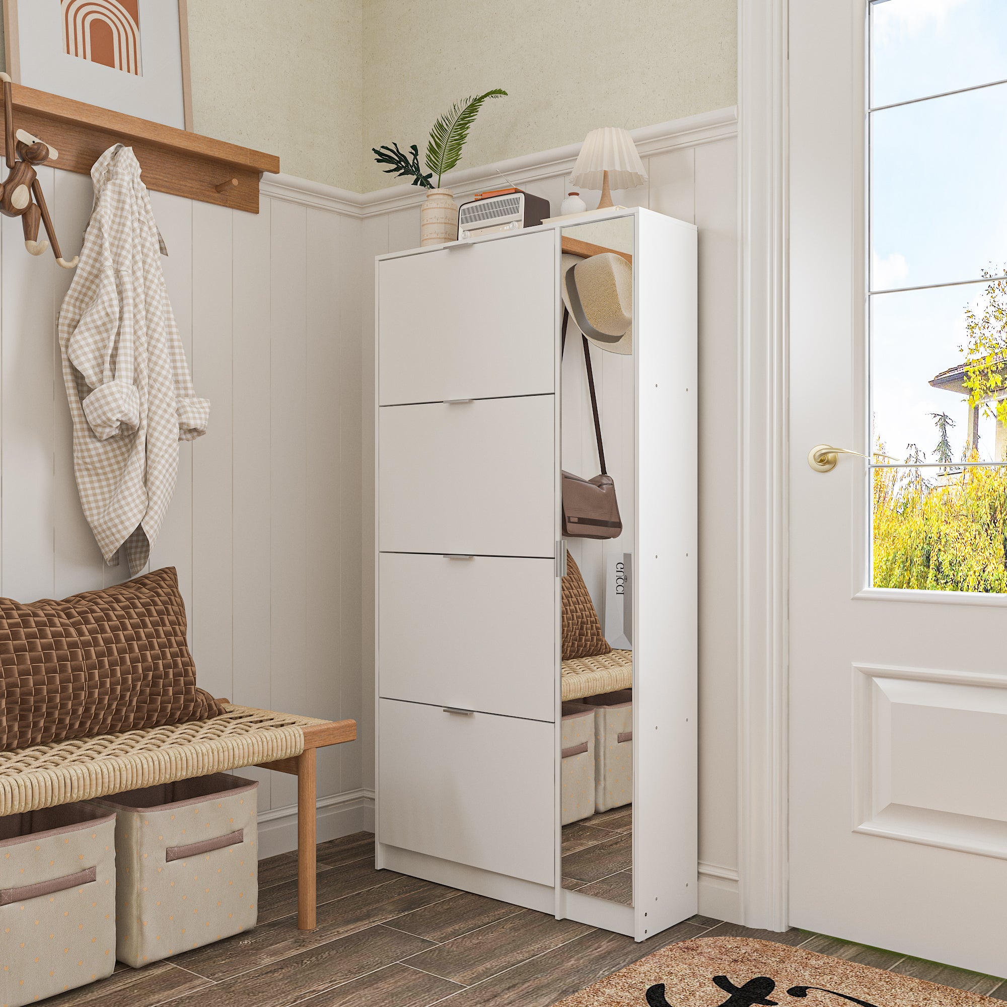 31.5 inch Modern White Flip-Down Shoe Cabinet with 3 Tiers & 28 Pair Capacity