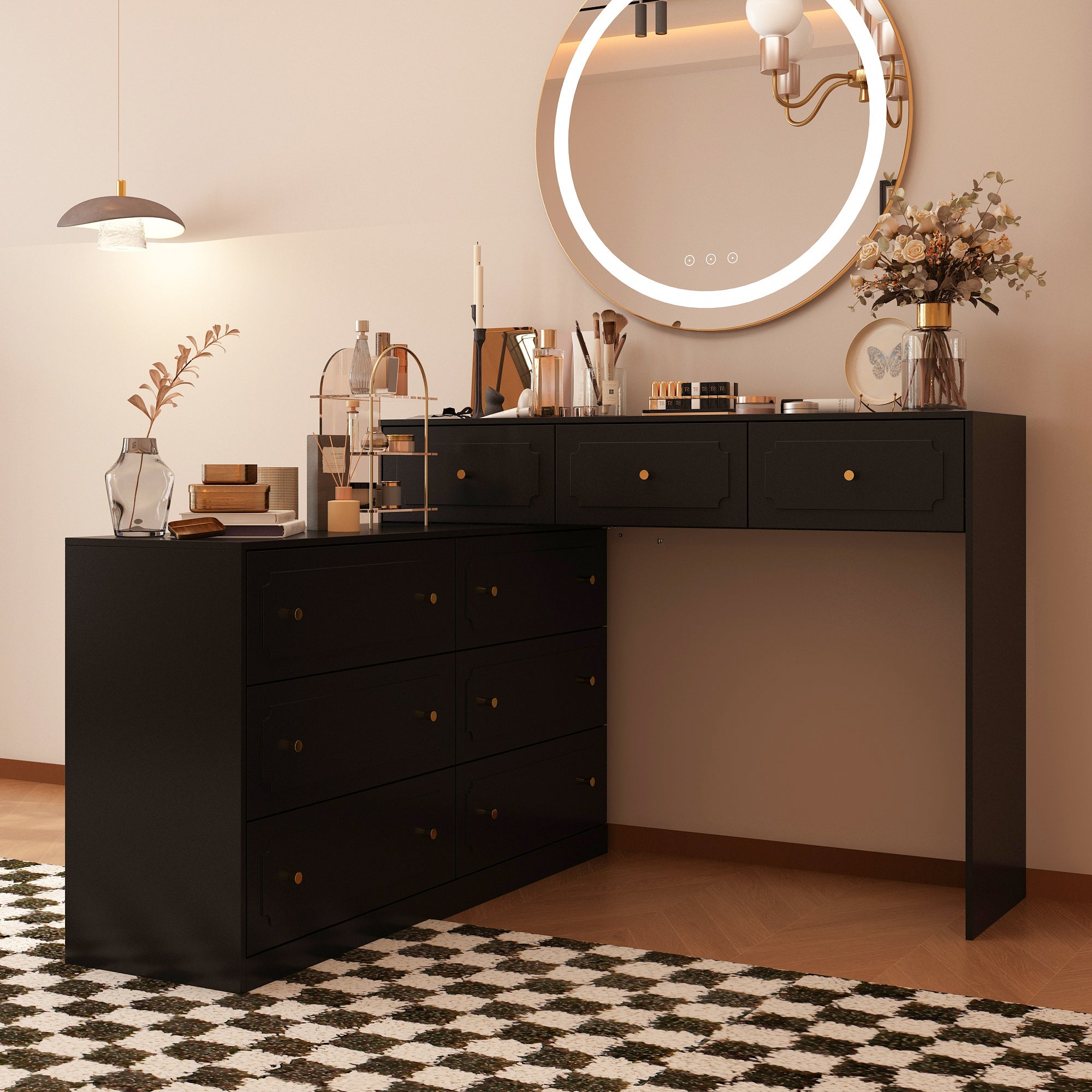 Extendable Vanity Table With 9 Drawers