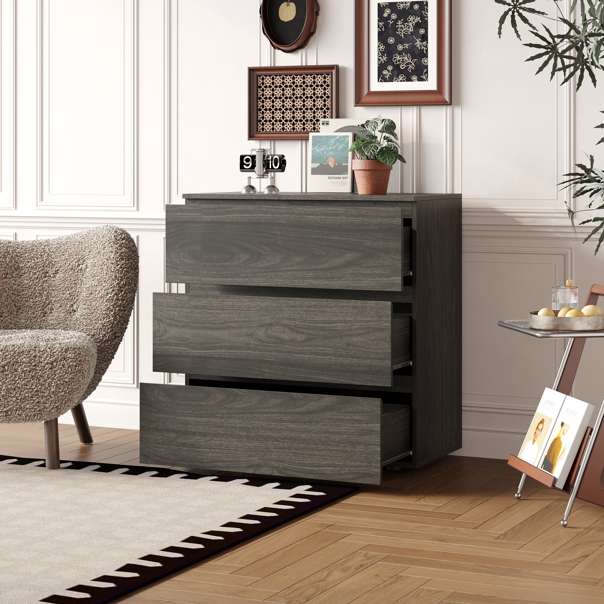 Chest of 3 Drawers Storage Dresser White Sideboard with 3 Drawers No-Handle Organizer