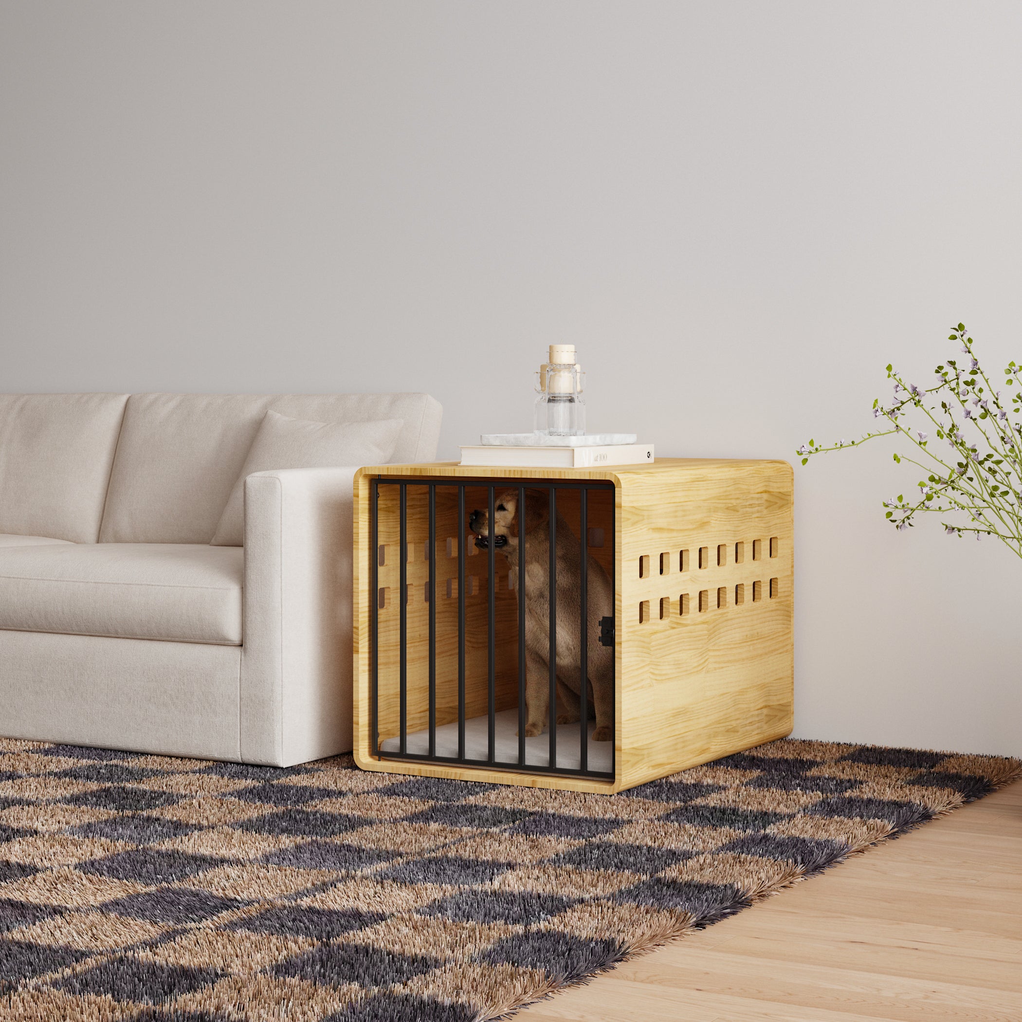 Large Solid Pine Wood Dog Crate With Stainless Steel Latch And Ventilation