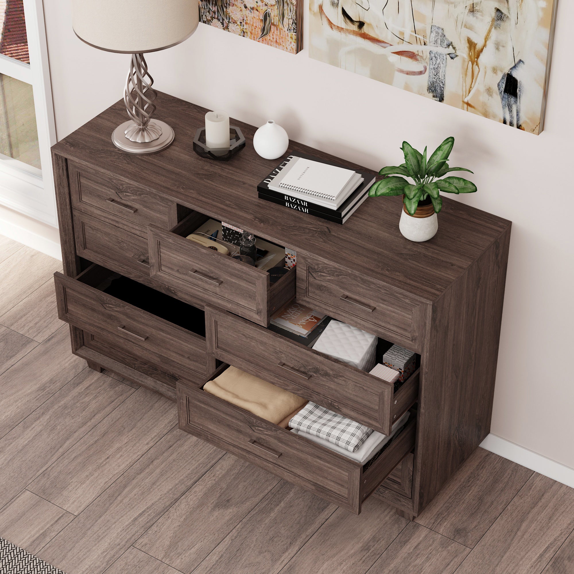 60" Wide 9-Drawer Accent Chest With Metal Handles