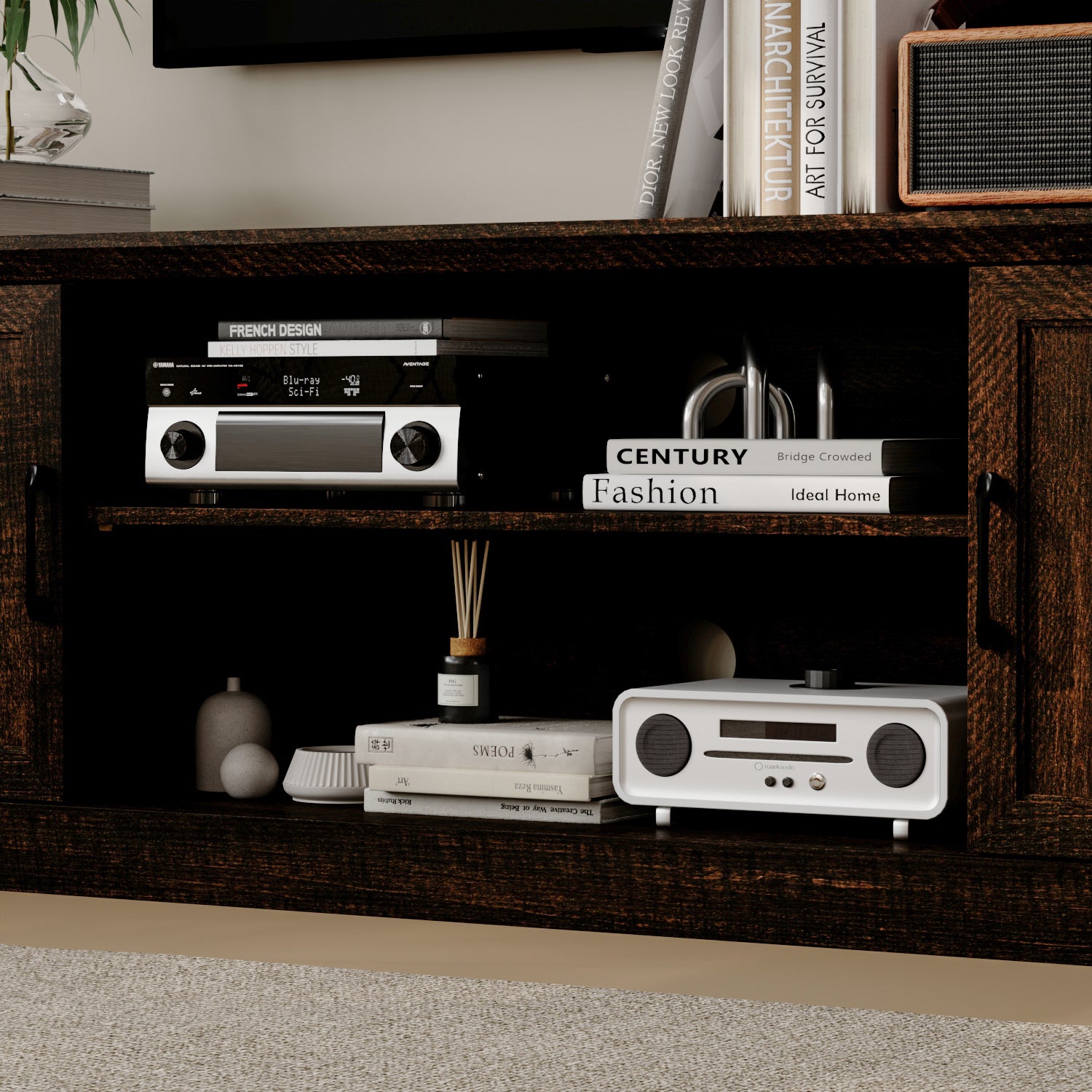 70.9" TV Stand With Adjustable Center Shelf, Black Metal Handles, And Dual Side Cabinets